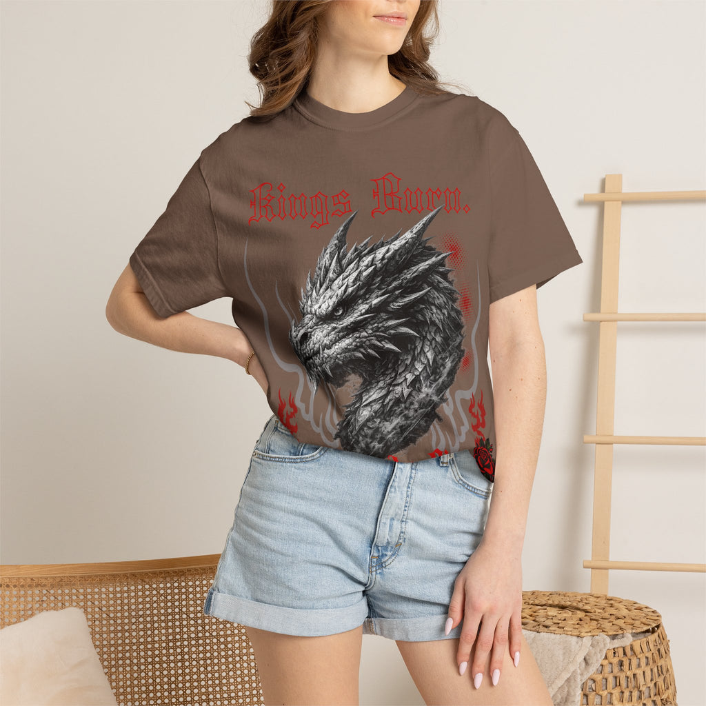 Dragon Head T-Shirt — "Kings Burn. Legends Rise." Red Rose Tattoo Graphic T-Shirt. Midnight Eye, LLC.