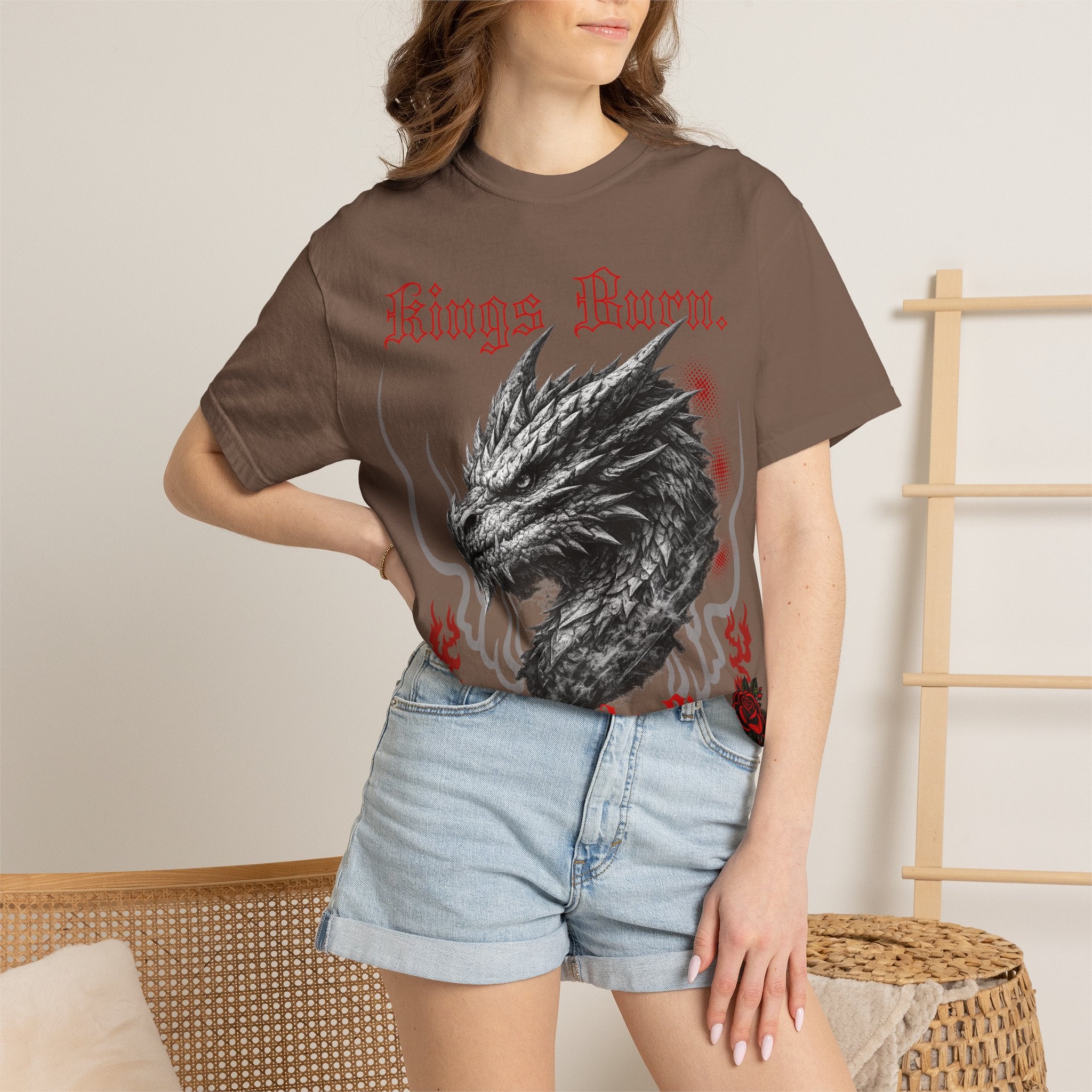Dragon Head T-Shirt — "Kings Burn. Legends Rise." Red Rose Tattoo Graphic T-Shirt. Midnight Eye, LLC.