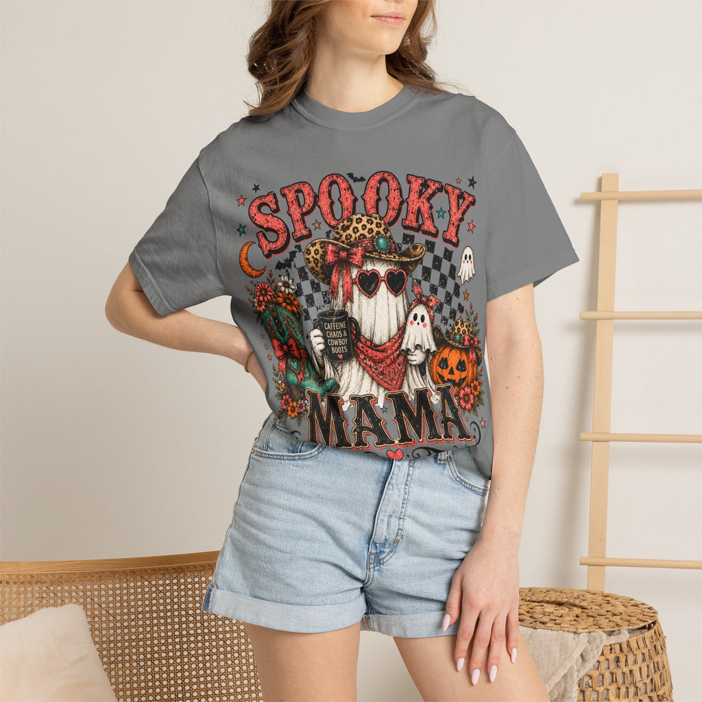Spooky Mama T-Shirt — Vintage Halloween Ghosts & Pumpkin Graphic. Midnight Eye, LLC