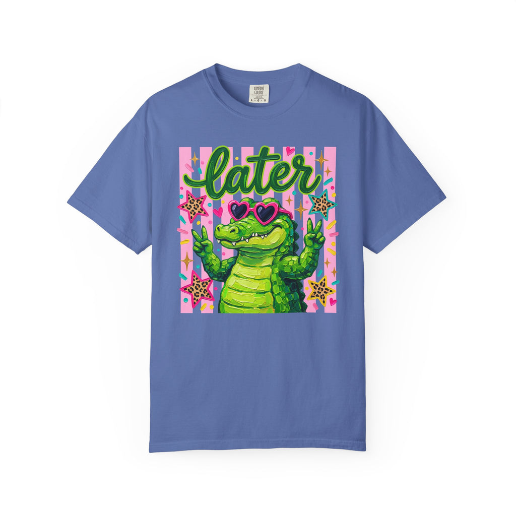 Funny Coquette Faux Brushstroke Stripped T-Shirt - Funny Alligator with Sunglasses Tee - Midnight Eye, LLC