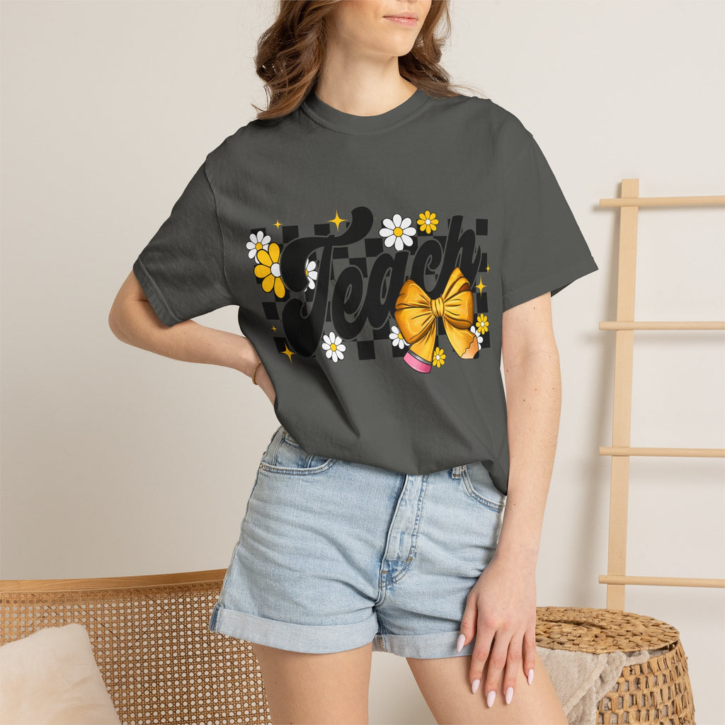 Teacher Floral Bow T-Shirt — 'Teach' Checkerboard Design
