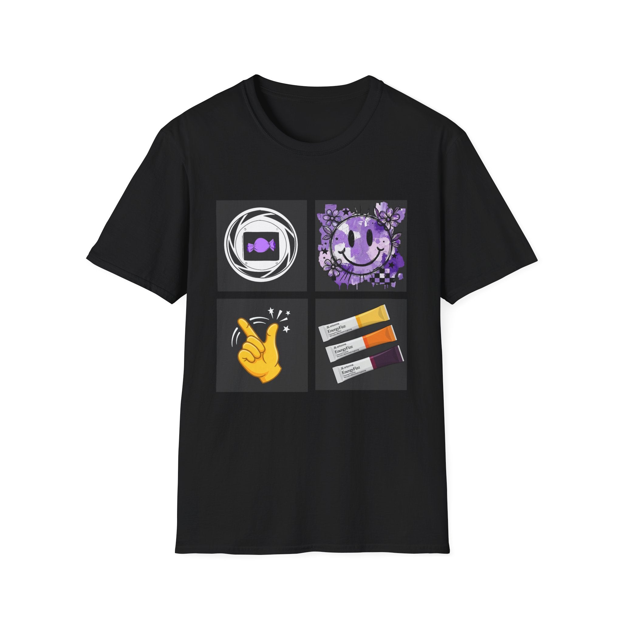 Women's Tee — Retro Purple Icons: Smiley, Peace Sign & Cassette Graphic - Midnight Eye, LLC
