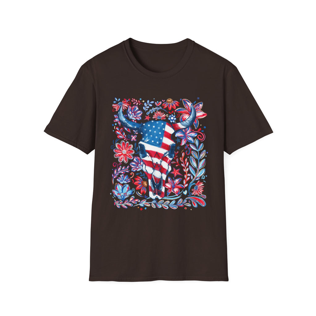 American Flag Longhorn T-Shirt — Patriotic Western Bull Tee for 4th of July - Midnight Eye, LLC