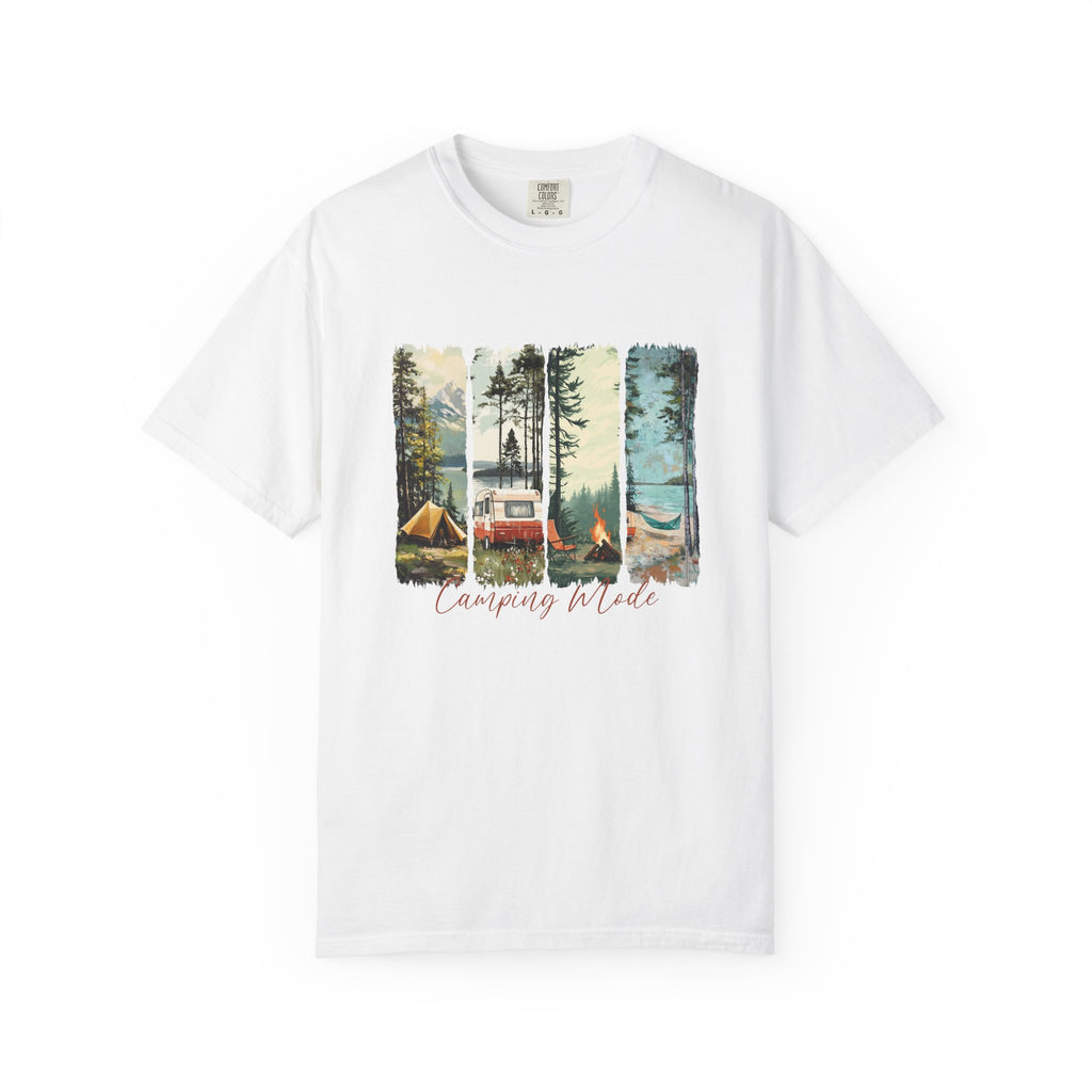 Camping Vibes T-Shirt — 'Camping Mode' Scenic Camper Retro Graphic Tee - Family Adventure Tee - Outdoor Tee - Midnight Eye, LLC