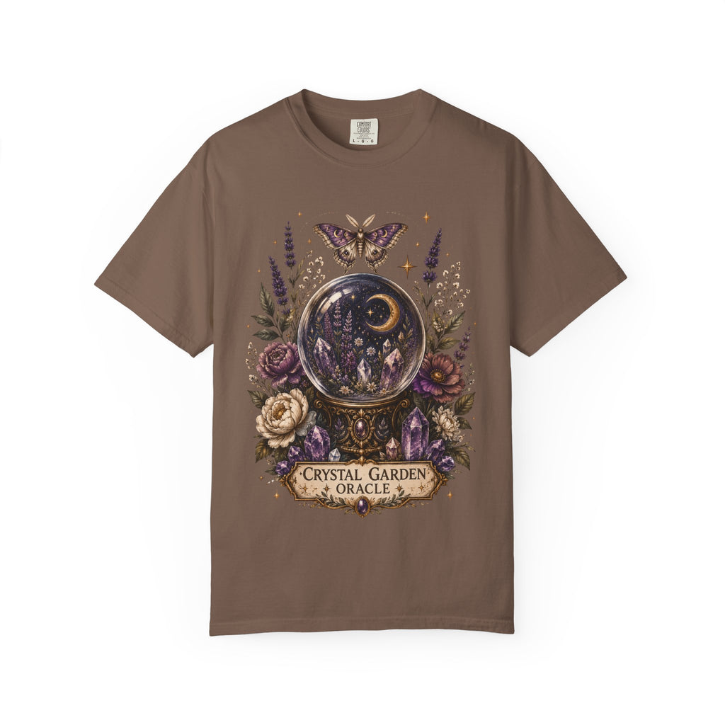 Crystal Garden Oracle T-Shirt — Mystical Moon & Crystal Ball Graphic Tee. Midnight Eye, LLC