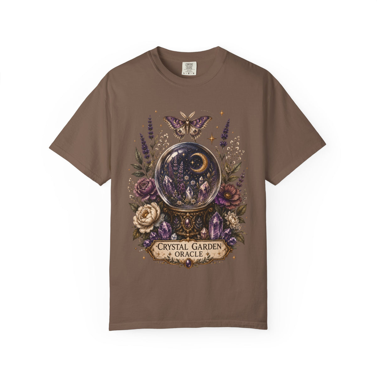 Crystal Garden Oracle T-Shirt — Mystical Moon & Crystal Ball Graphic Tee. Midnight Eye, LLC