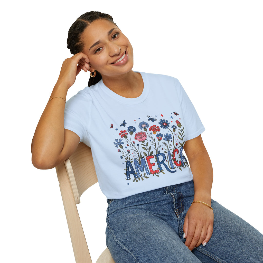 America Floral T‑Shirt — Patriotic Red, White & Blue Garden Graphic Tee - 4th of July T-Shirt - Midnight Eye, LLC