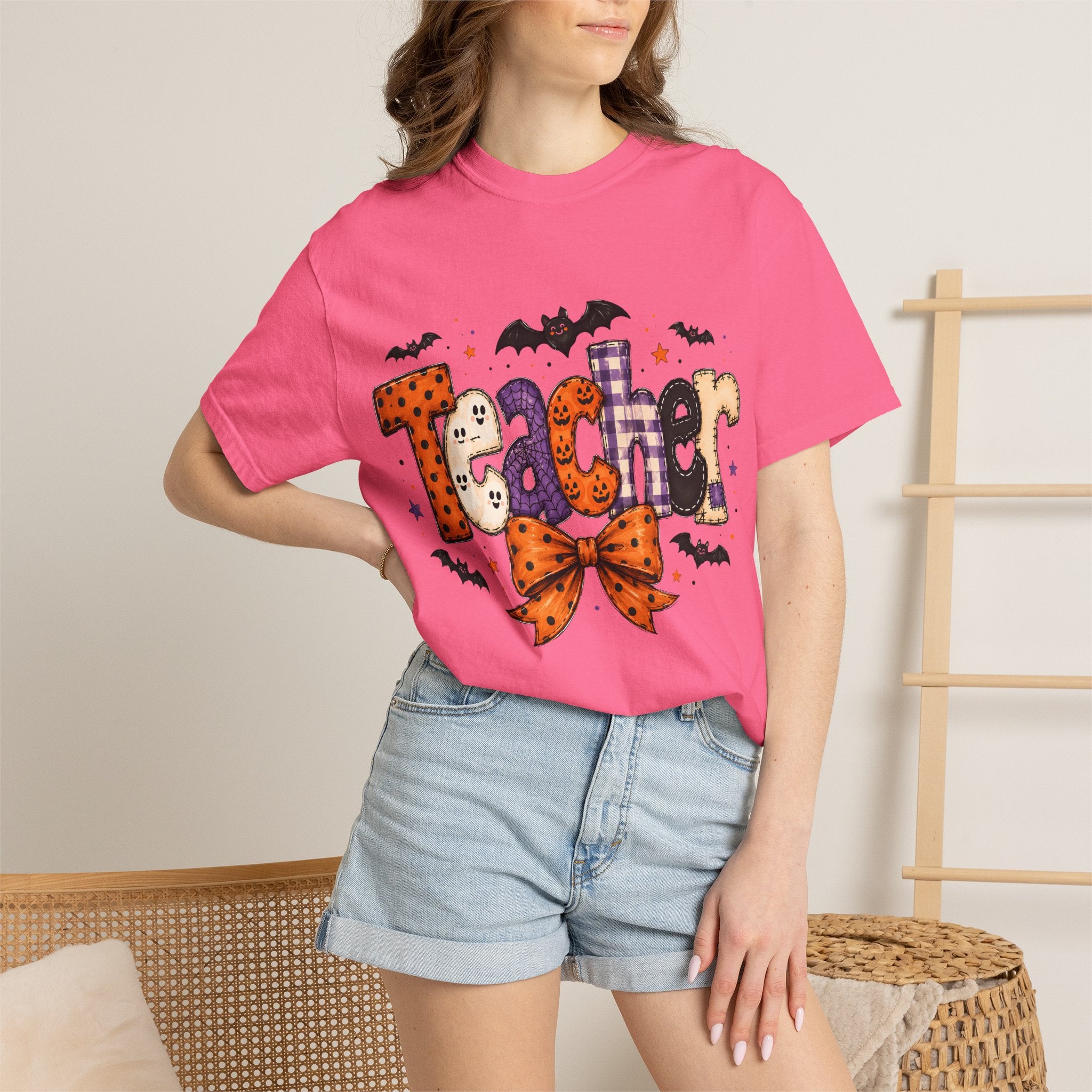 Teacher Halloween T-Shirt — Cute Spooky 'Teacher' Design with Bats & Bow