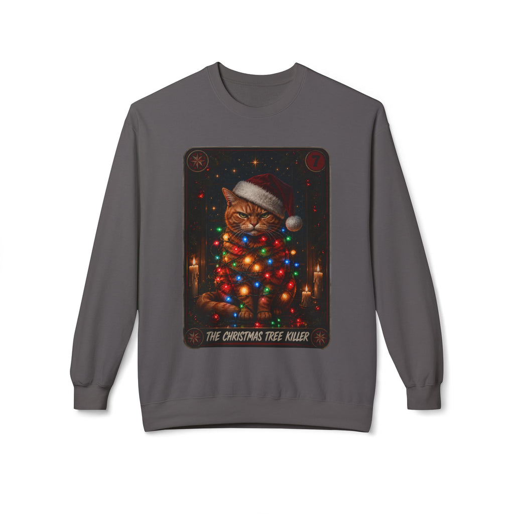 Funny Christmas Cat Crewneck Sweatshirt - "The Christmas Tree Killer" Holiday Sweater. Midnight Eye, LLC