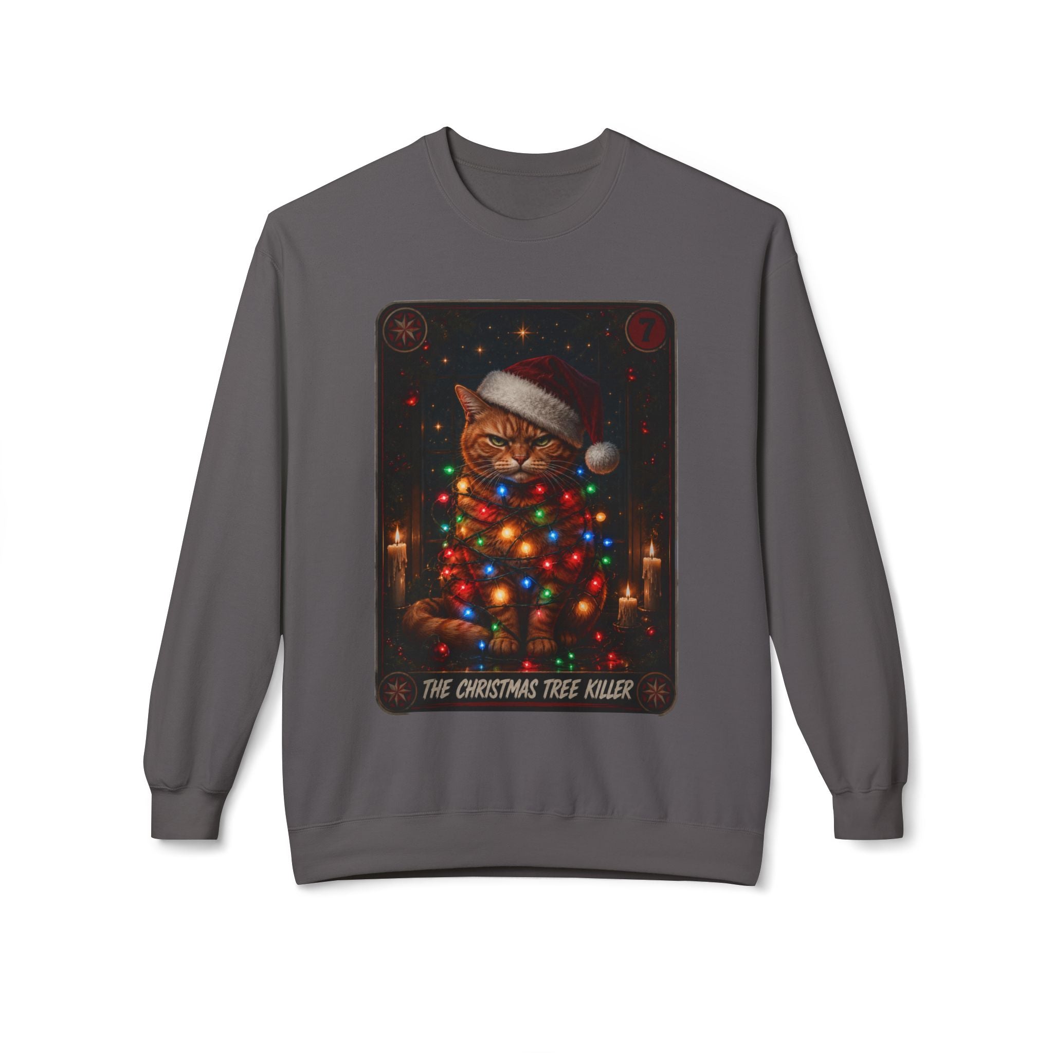 Funny Christmas Cat Crewneck Sweatshirt - "The Christmas Tree Killer" Holiday Sweater. Midnight Eye, LLC