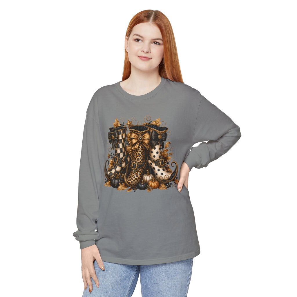 Halloween Witch Boots Long Sleeve T-Shirt — Vintage Spooky Pumpkin & Bows. Midnight Eye, LLC