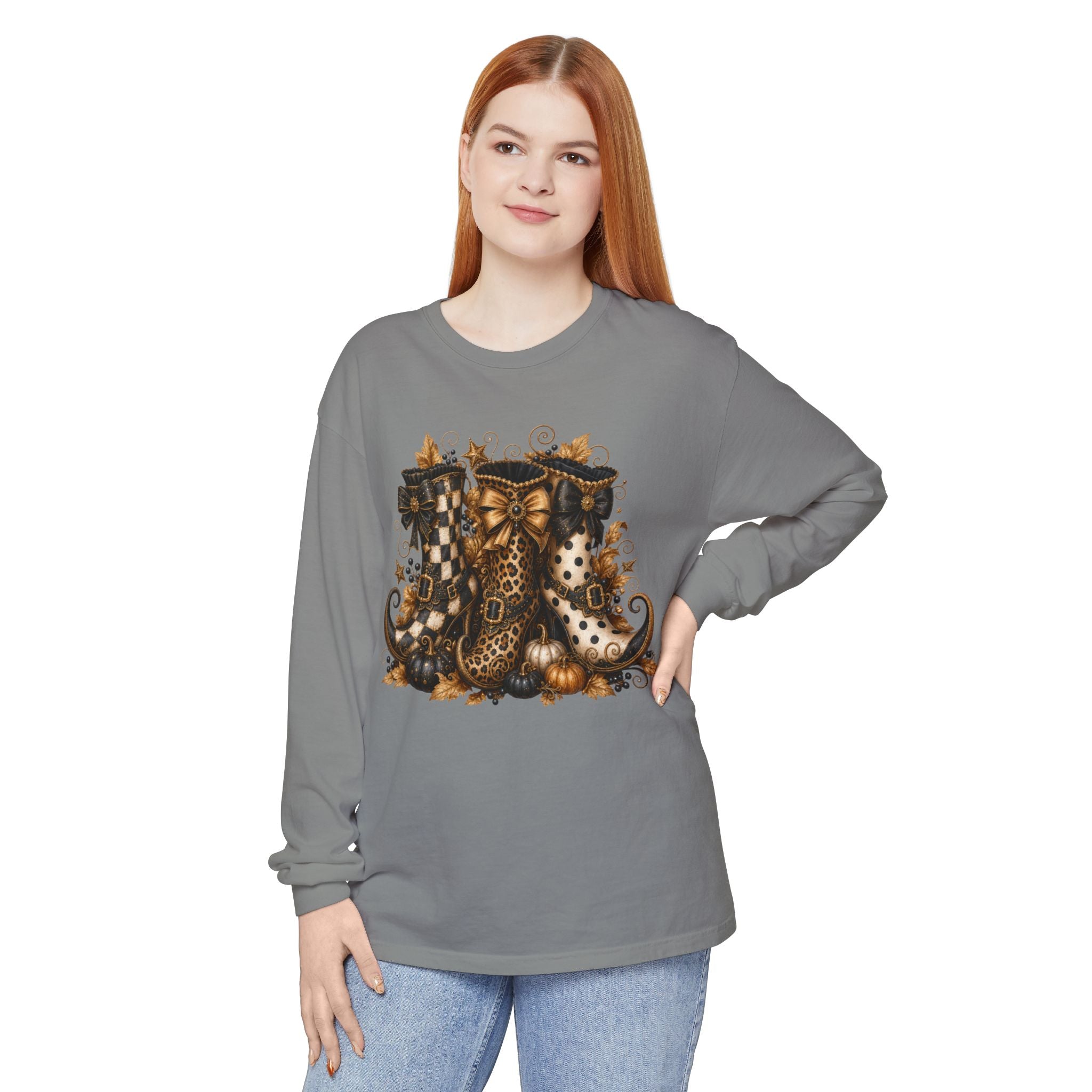 Halloween Witch Boots Long Sleeve T-Shirt — Vintage Spooky Pumpkin & Bows. Midnight Eye, LLC