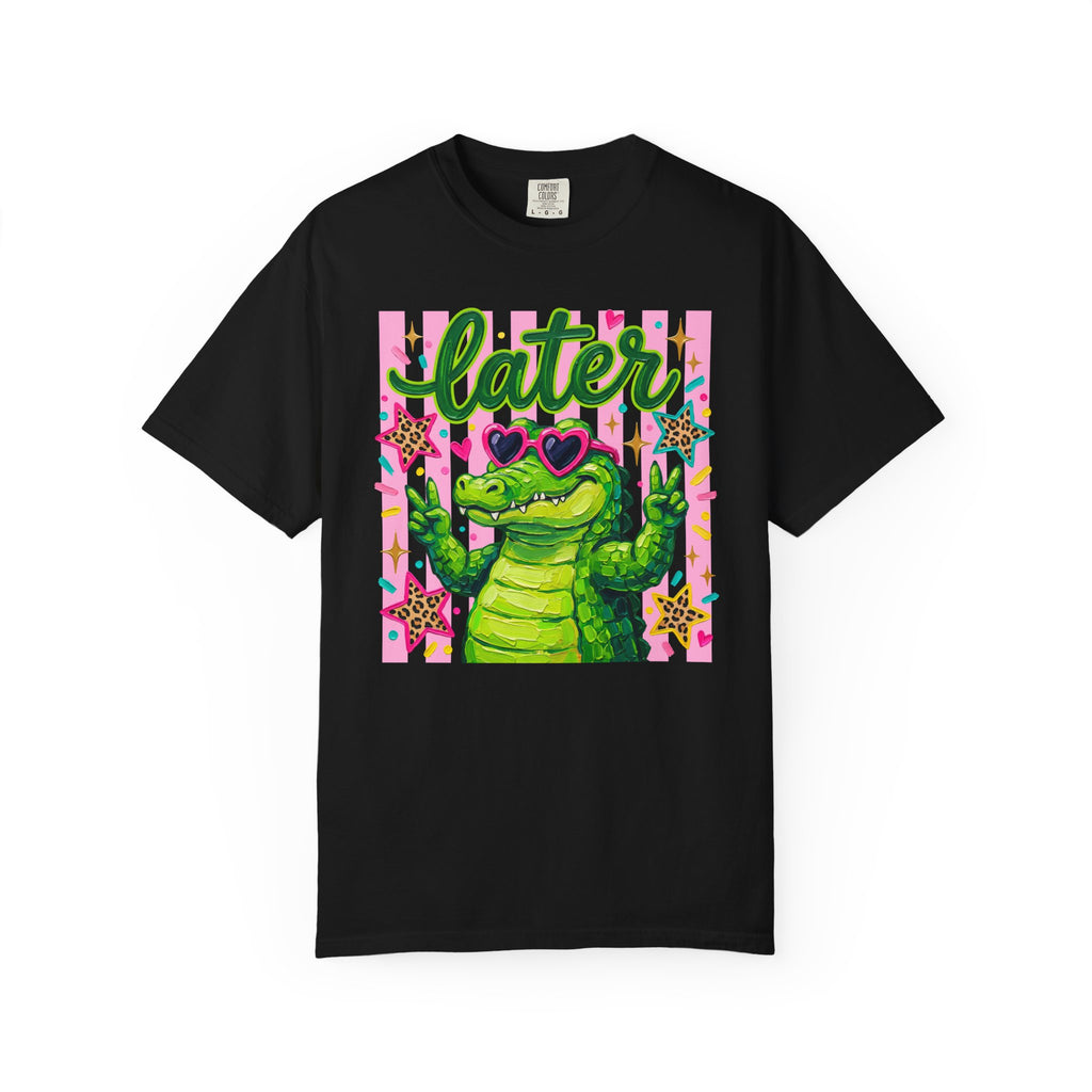 Funny Coquette Faux Brushstroke Stripped T-Shirt - Funny Alligator with Sunglasses Tee - Midnight Eye, LLC