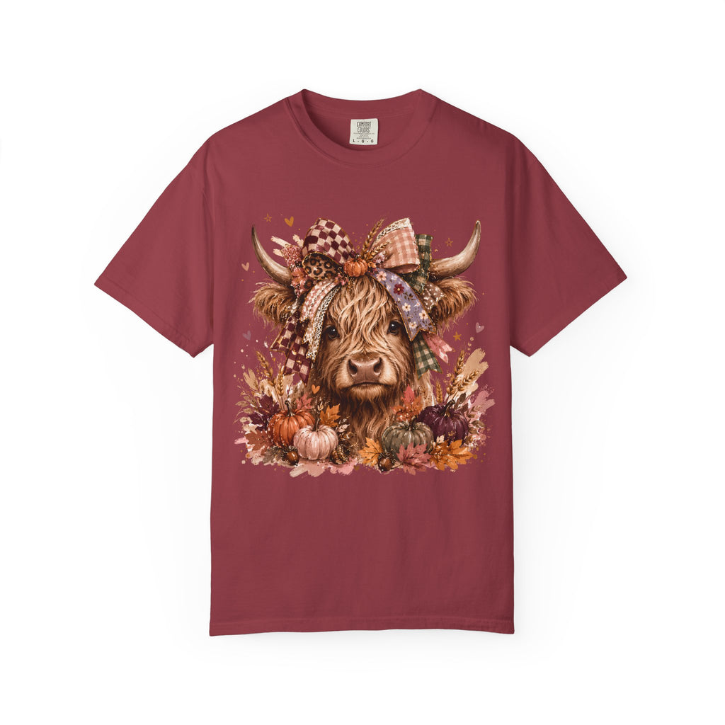 Autumn Highland Cow T-Shirt — Cute Fall Cow and Pumpkins Graphic Tee. Midnight Eye, LLC