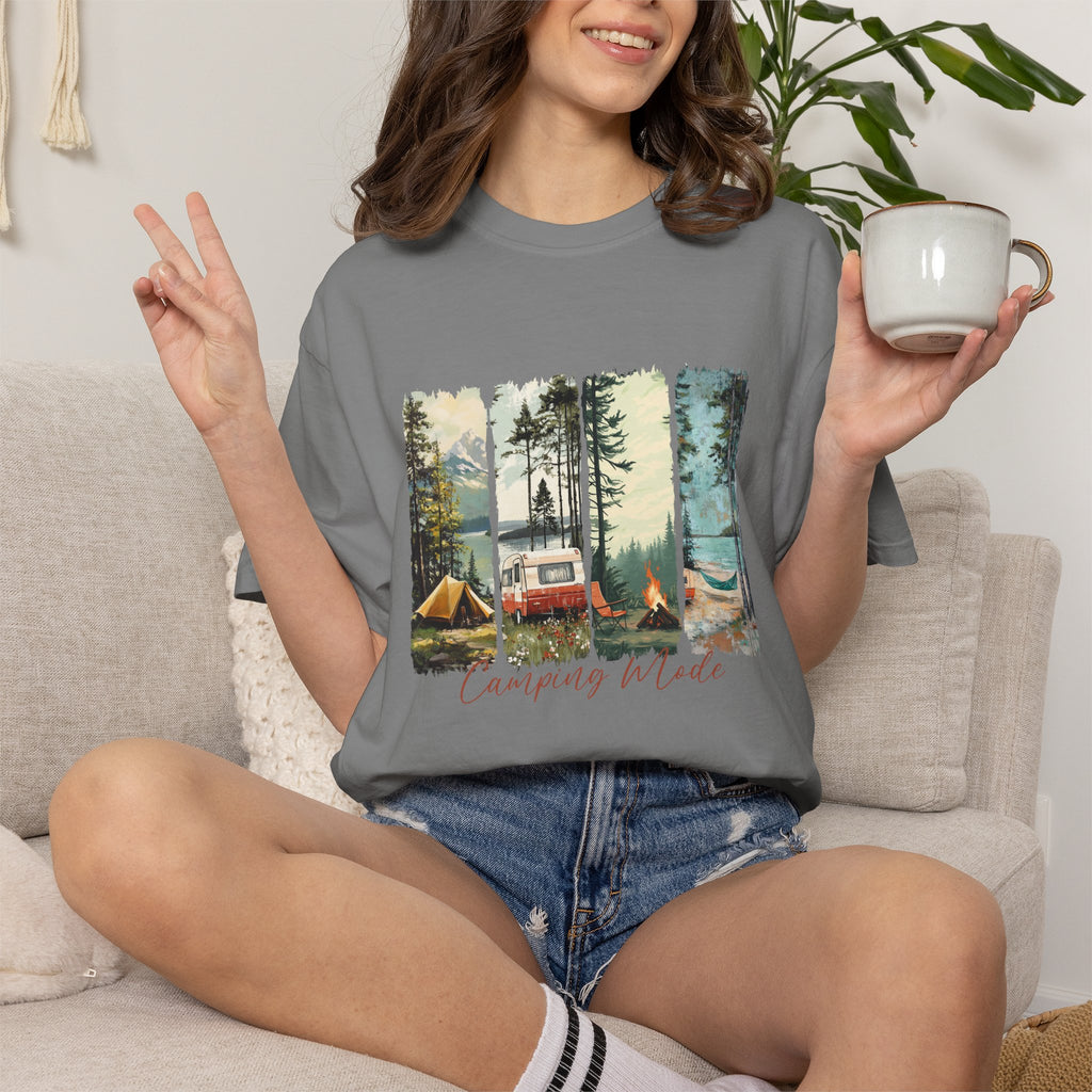 Camping Vibes T-Shirt — 'Camping Mode' Scenic Camper Retro Graphic Tee - Family Adventure Tee - Outdoor Tee - Midnight Eye, LLC