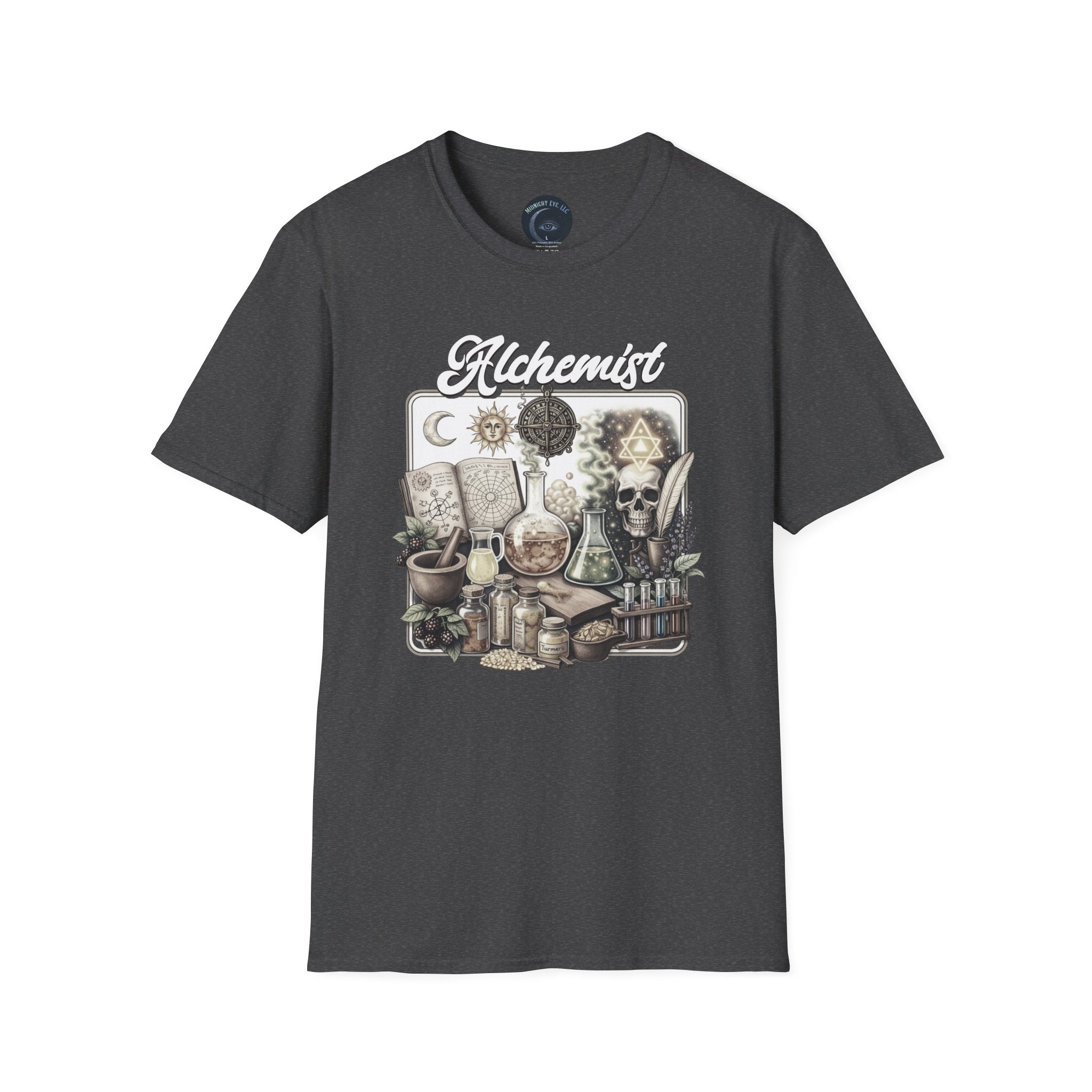 Alchemist Graphic T-Shirt — Vintage Apothecary Potion & Skull Design - Mystical Tee - Midnight Eye, LLC