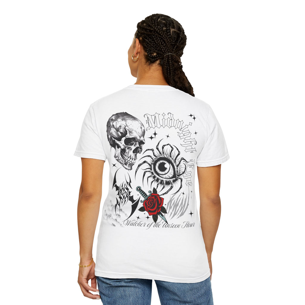 Graphic Skull & Red Rose Gothic T‑Shirt - Edgy Streetwear T-Shirt - Vintage Tee - Dark Aesthetic Tee - Midnight Eye, LLC