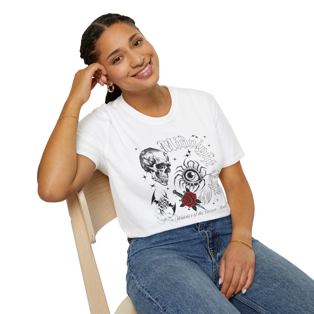 Skull & Red Rose Graphic T-Shirt – Mystic Eye, Tarot - Inspired Gothic Tee - Vintage Tee - Dark Aesthetic T-Shirt - Midnight Eye, LLC