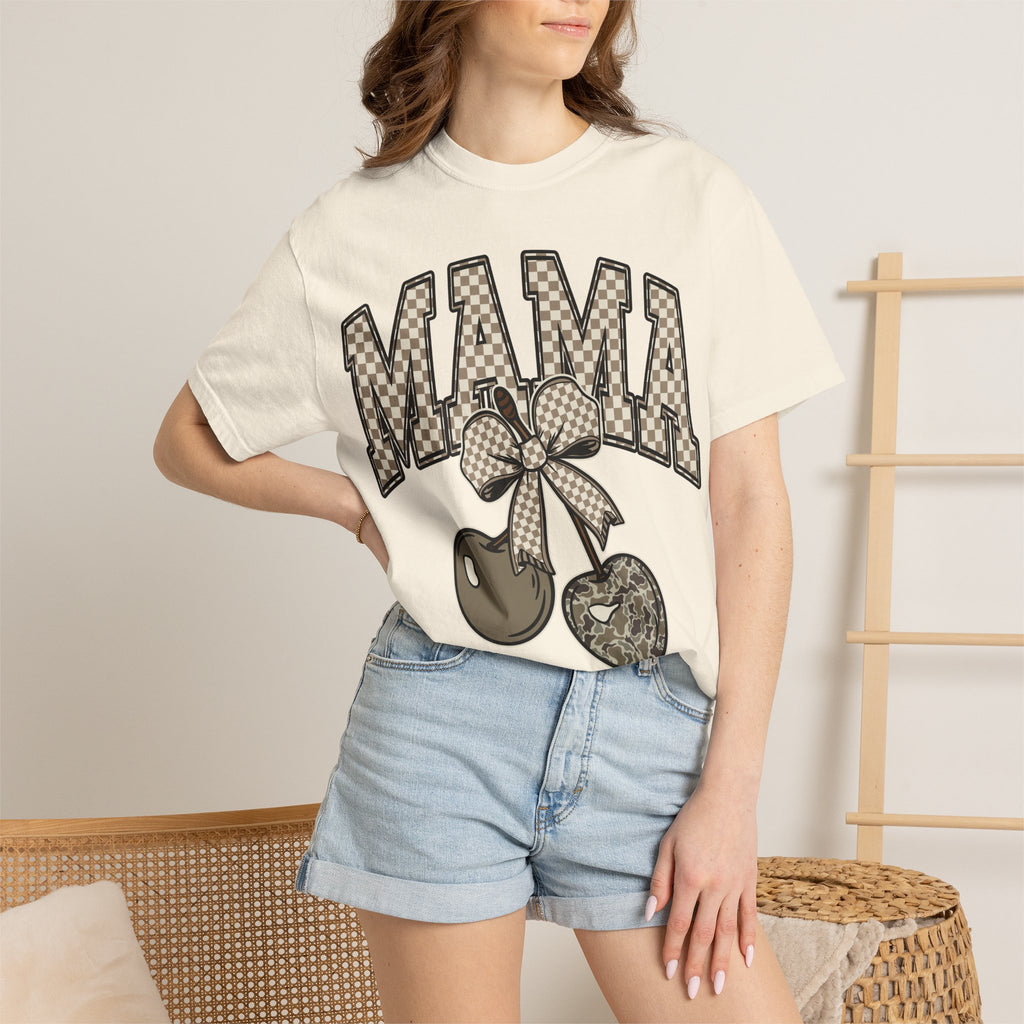 Mama Cherry Graphic T-Shirt — Retro Checkerboard Cherry Design. Midnight Eye, LLC