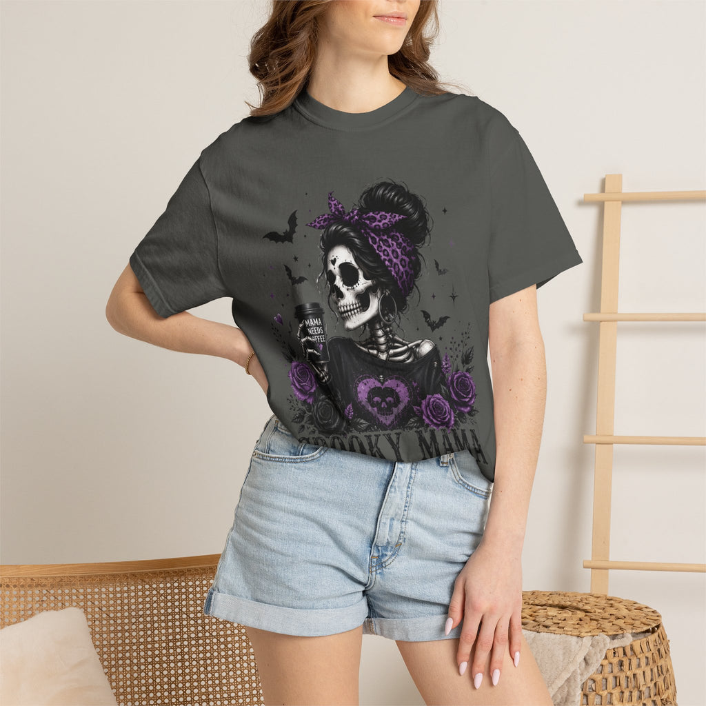 Spooky Mama T-Shirt — Gothic Skull  and Bats Mom Tee with Purple Roses. Midnight Eye, LLC. 