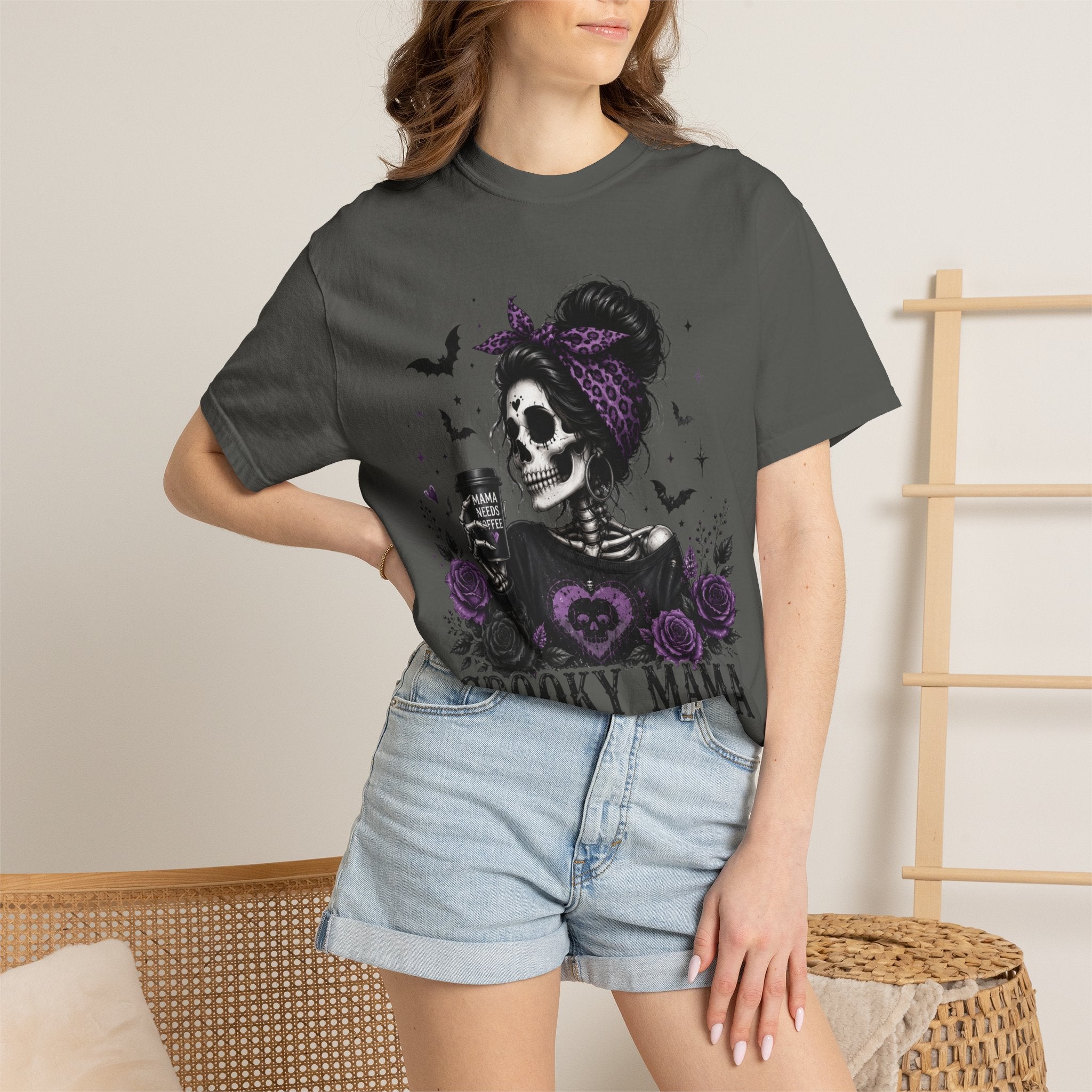 Spooky Mama T-Shirt — Gothic Skull  and Bats Mom Tee with Purple Roses. Midnight Eye, LLC. 