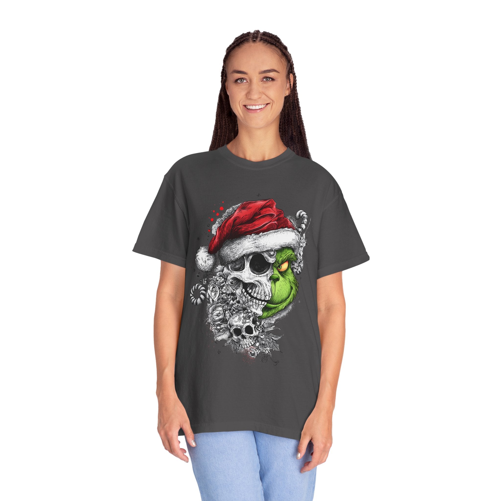 Skull & Grinch Inspired Santa T-Shirt — Edgy Gothic Christmas Graphic Tee