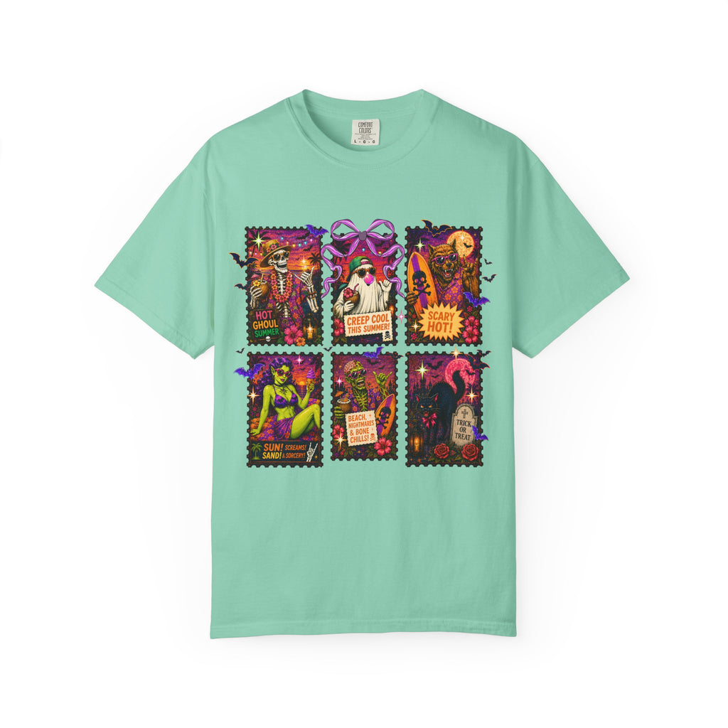 Halloween Witch Postage Stamp T-Shirt — Vintage Spooky Pin-Up Graphic Tee. Midnight Eye, LLC