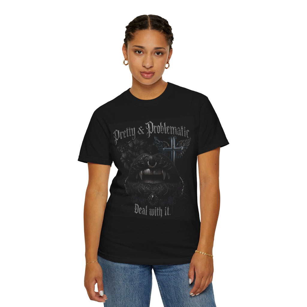 Pretty & Problematic Graphic T‑Shirt — 'Deal With It' Gothic Lips and Fangs Design. Midnight Eye, LLC