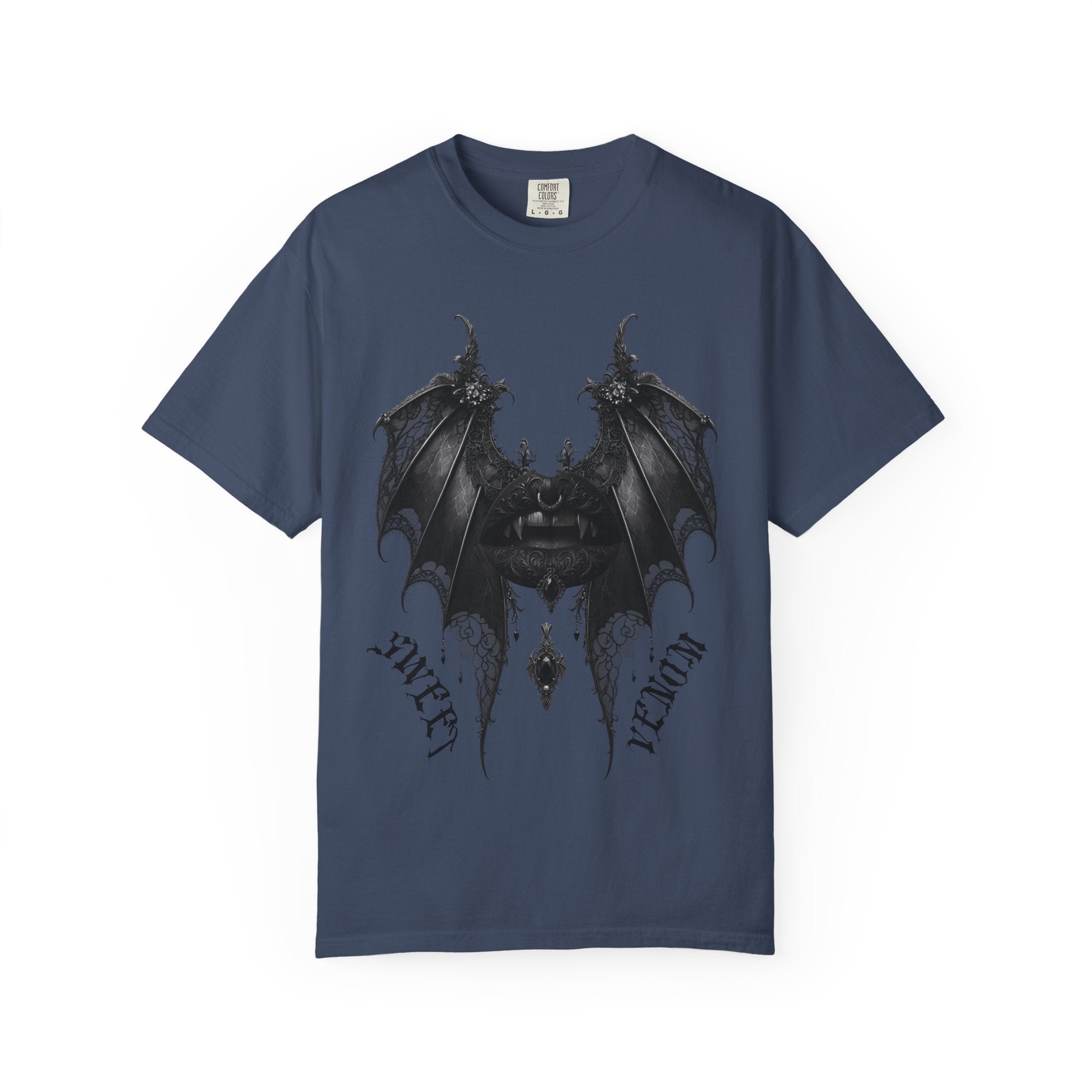 Gothic Bat Wings and Black Vampire Lips Graphic T-shirt - Gothic Black Lips Tee. Midnight Eye, LLC