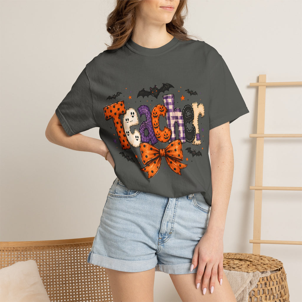 Teacher Halloween T-Shirt — Cute Spooky 'Teacher' Design with Bats & Bow