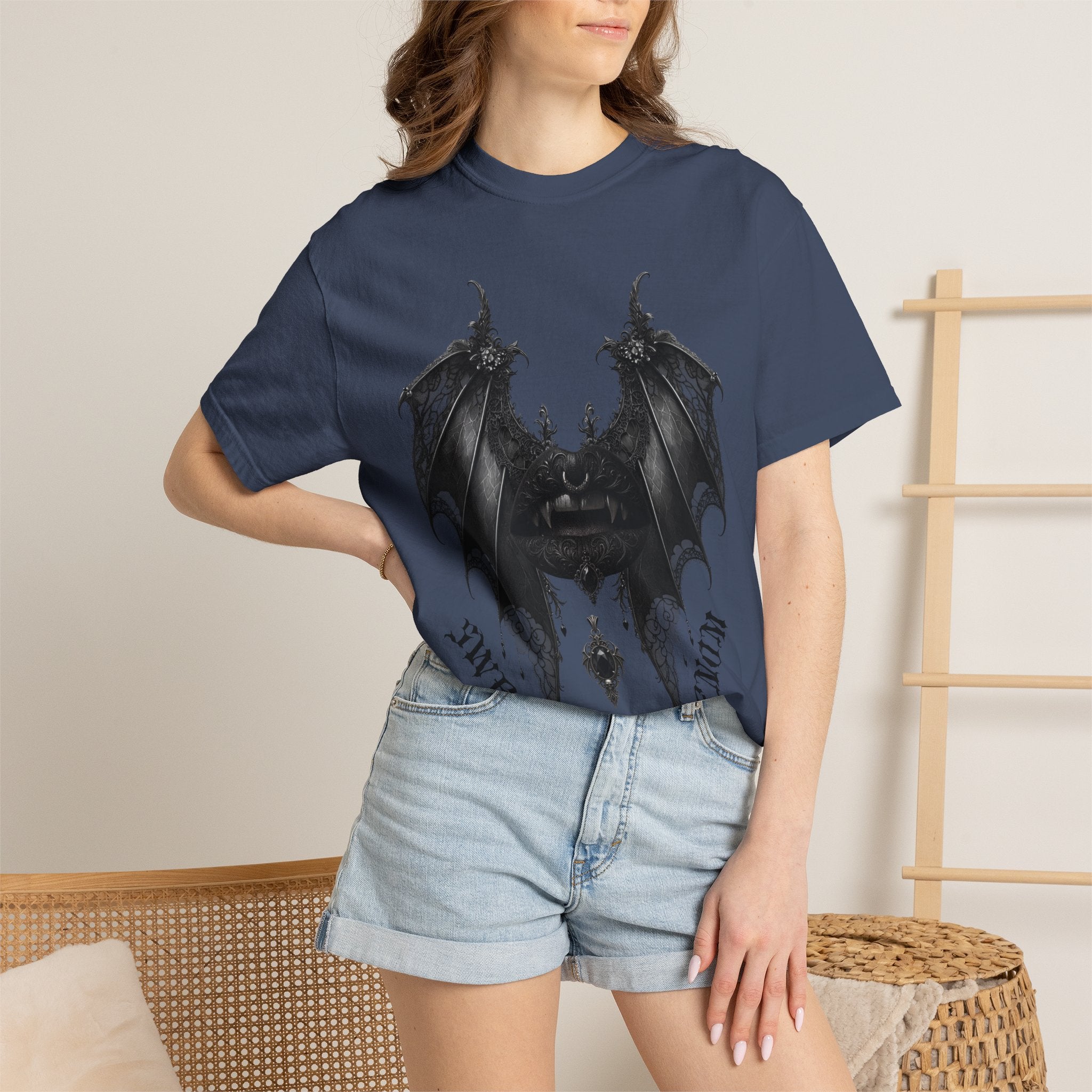 Gothic Bat Wings and Black Vampire Lips Graphic T-shirt - Gothic Black Lips Tee. Midnight Eye, LLC
