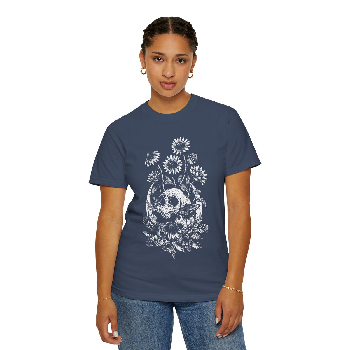 Moon Skull & Daisies Graphic T-Shirt - Half Tone Alternative Tee. Midnight Eye, LLC