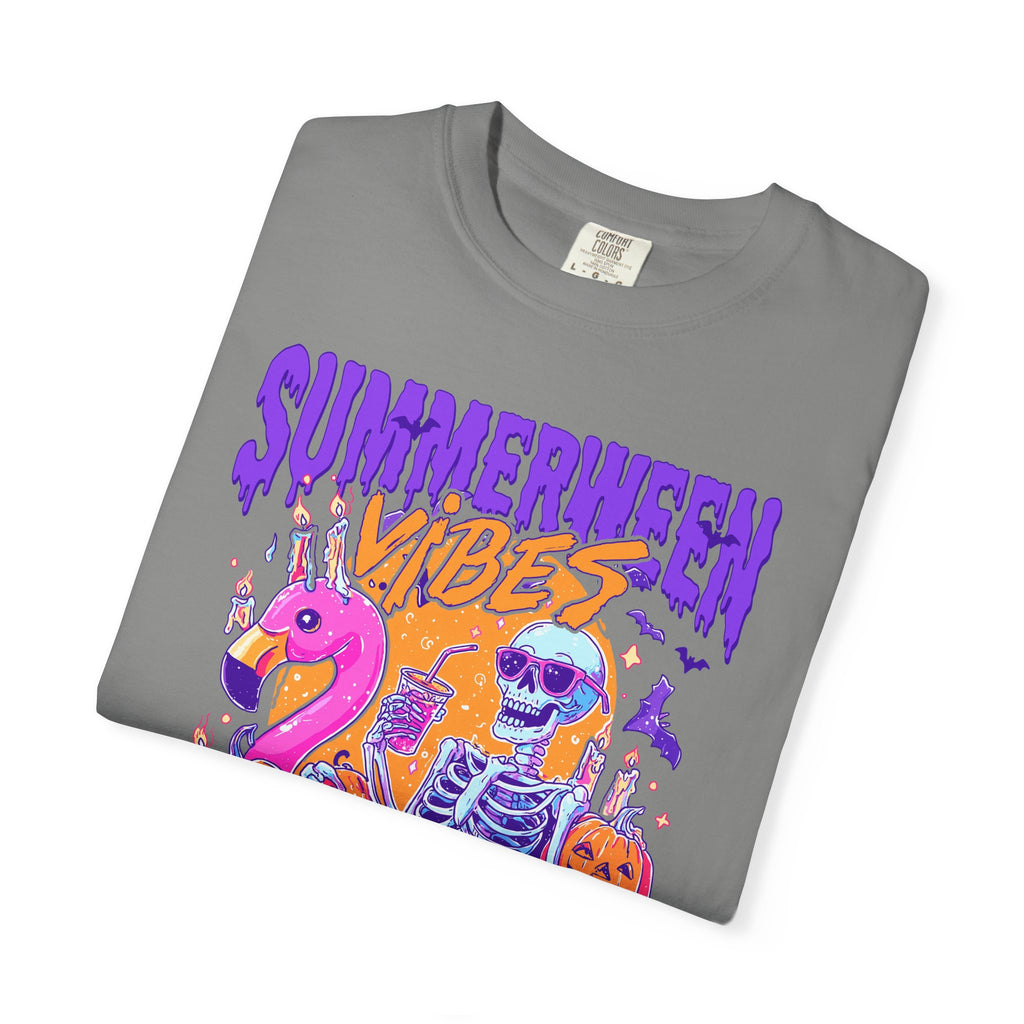 Summerween Vibes T-Shirt — Flamingo Pool Skeleton Halloween in Summer Tee - Midnight Eye, LLC