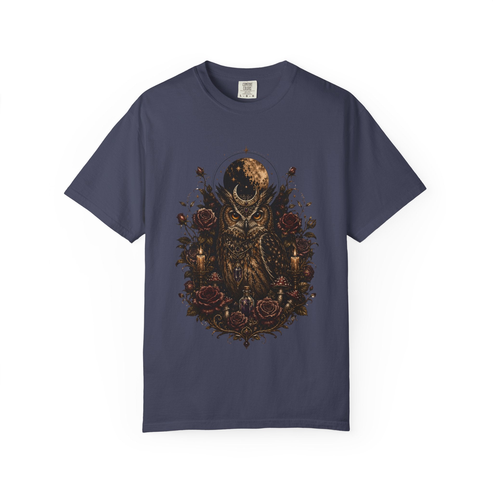 Owl Moon Graphic T-Shirt — Gothic Owl with Roses