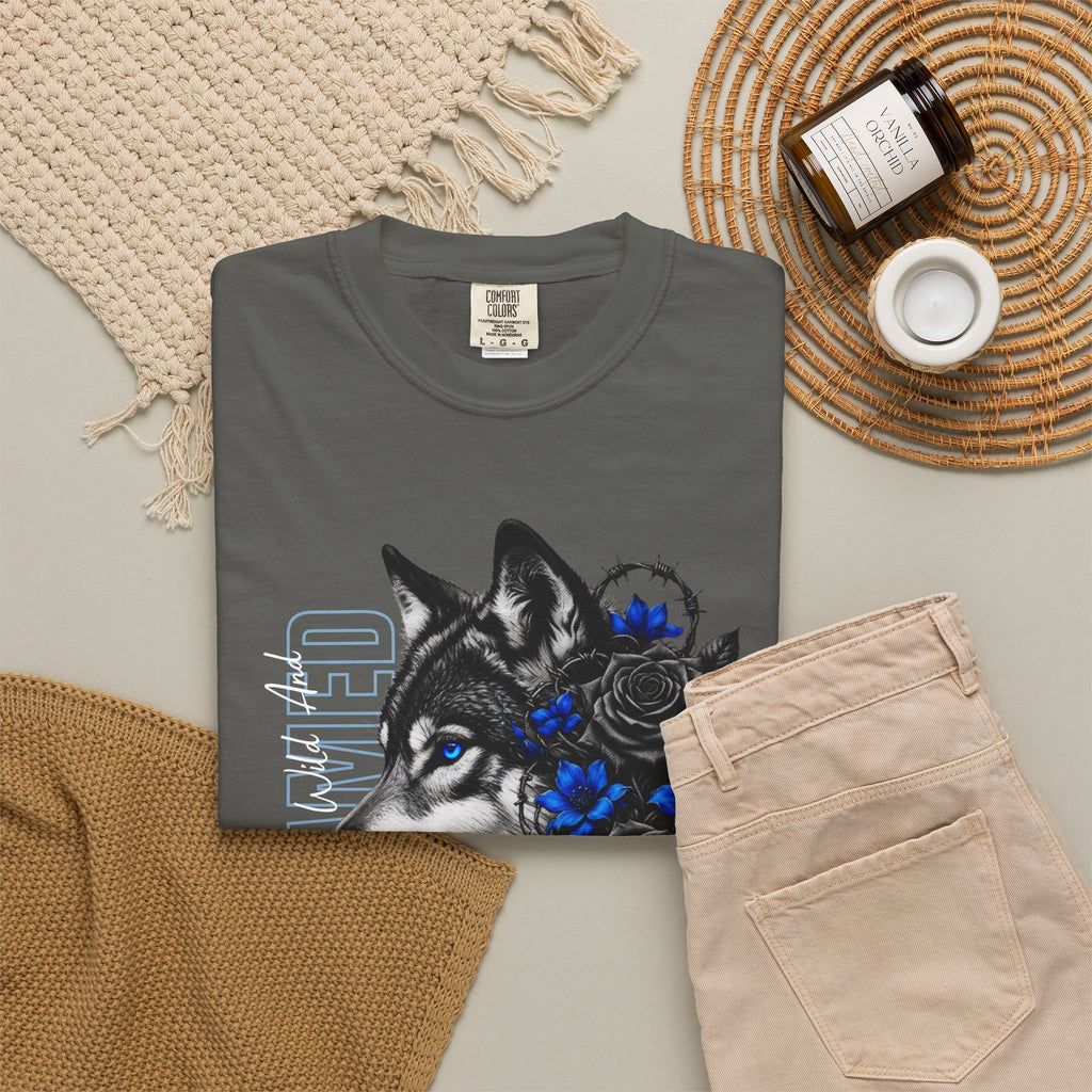 Wolf Floral T-Shirt — "Untamed" Graphic Tee with Blue & Black Roses. Midnight Eye, LLC.