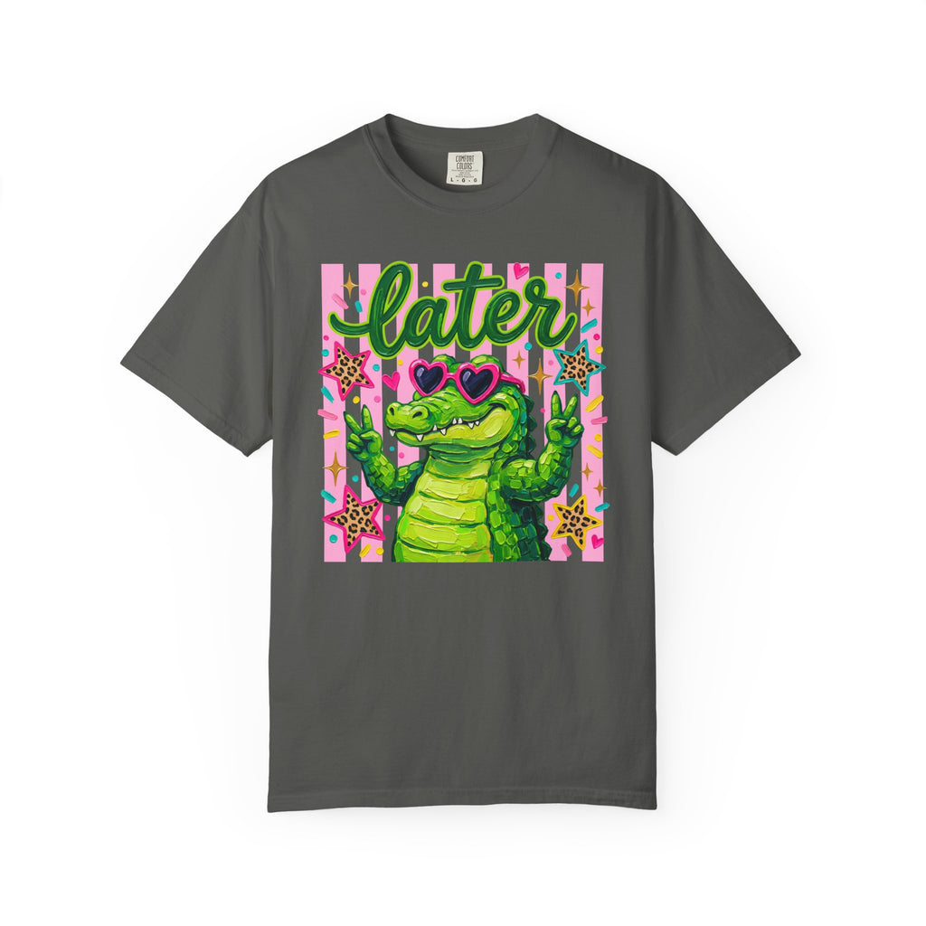 Funny Coquette Faux Brushstroke Stripped T-Shirt - Funny Alligator with Sunglasses Tee - Midnight Eye, LLC