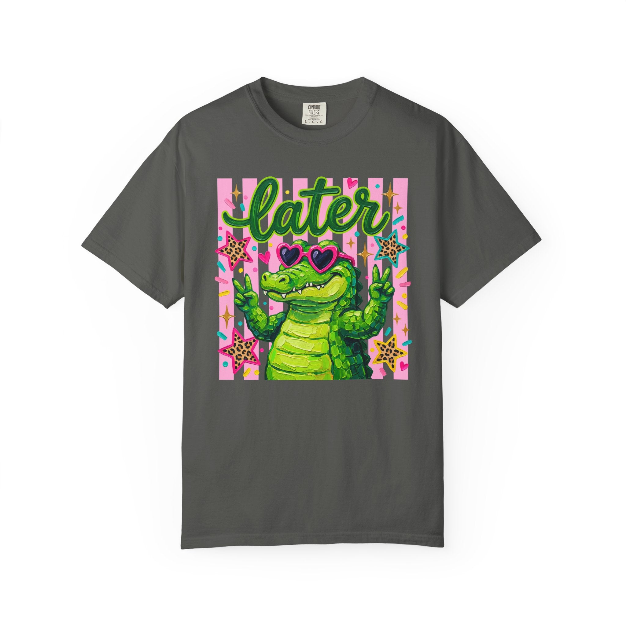 Funny Coquette Faux Brushstroke Stripped T-Shirt - Funny Alligator with Sunglasses Tee - Midnight Eye, LLC