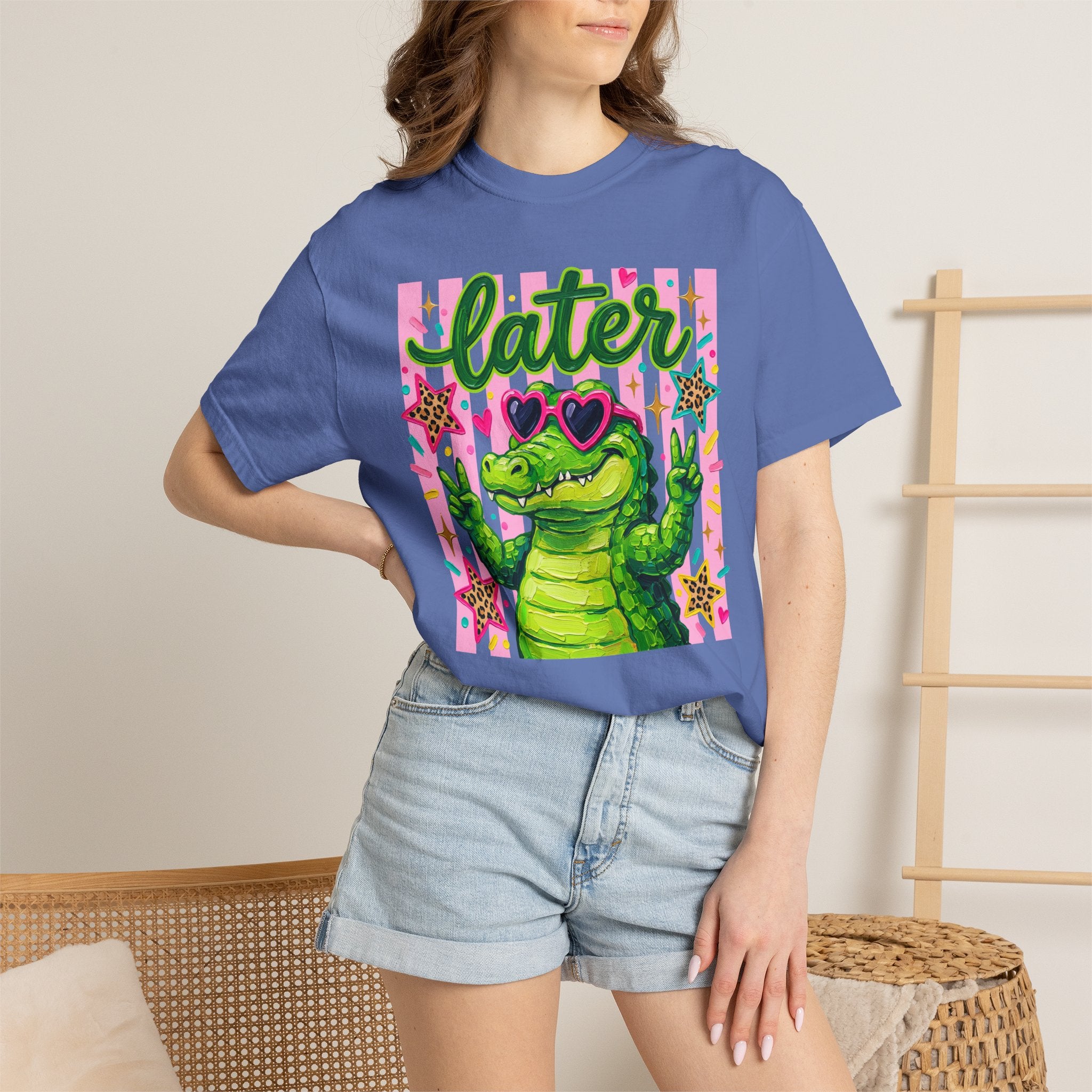 Funny Coquette Faux Brushstroke Stripped T-Shirt - Funny Alligator with Sunglasses Tee - Midnight Eye, LLC