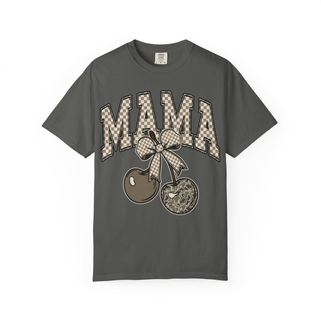 Mama Cherry Graphic T-Shirt — Retro Checkerboard Cherry Design. Midnight Eye, LLC