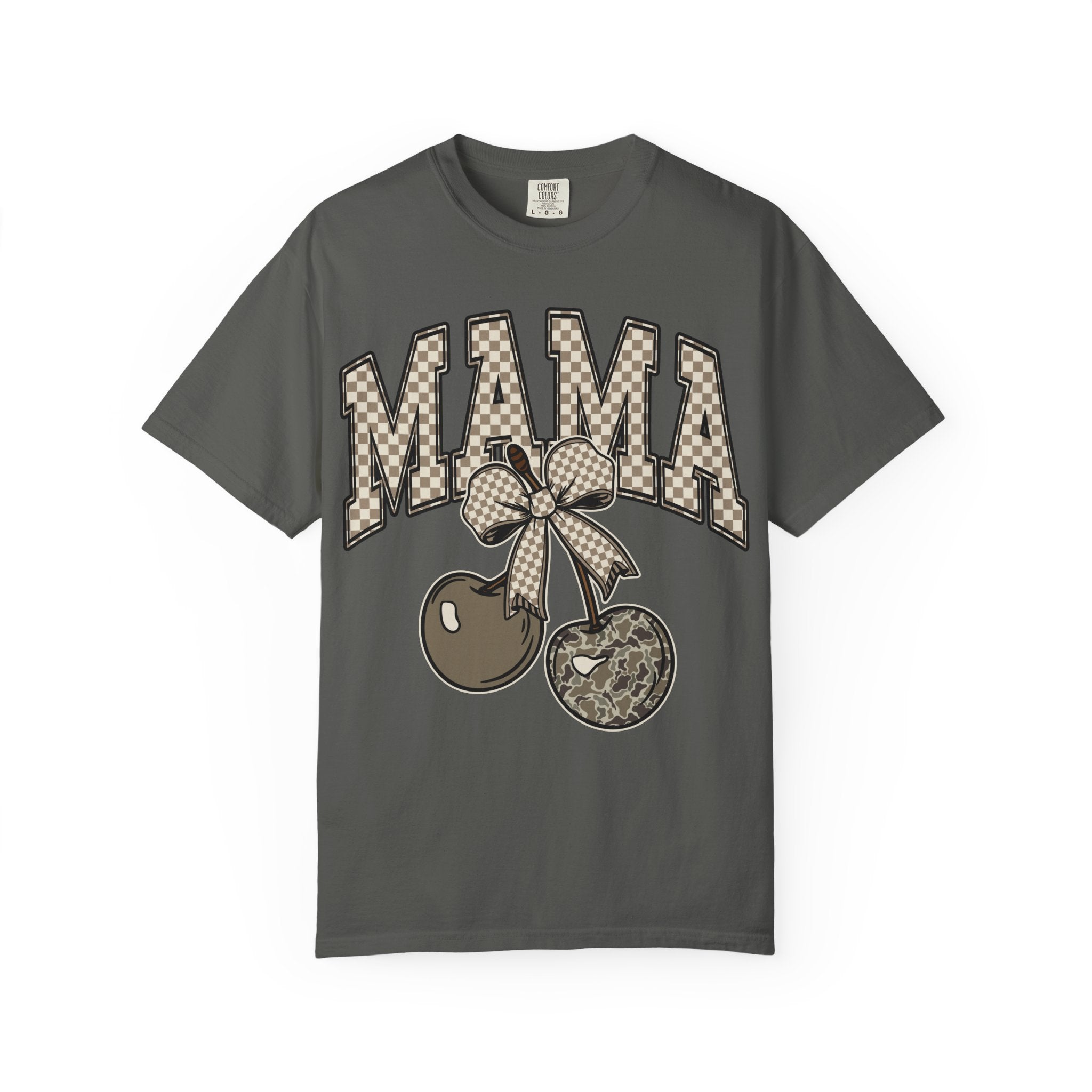 Mama Cherry Graphic T-Shirt — Retro Checkerboard Cherry Design. Midnight Eye, LLC