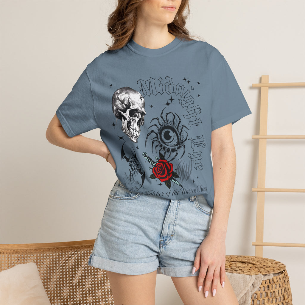 Skull, Red Rose & Eye Tattoo Art T-Shirt — Gothic Streetwear Tee. Midnight Eye, LLC