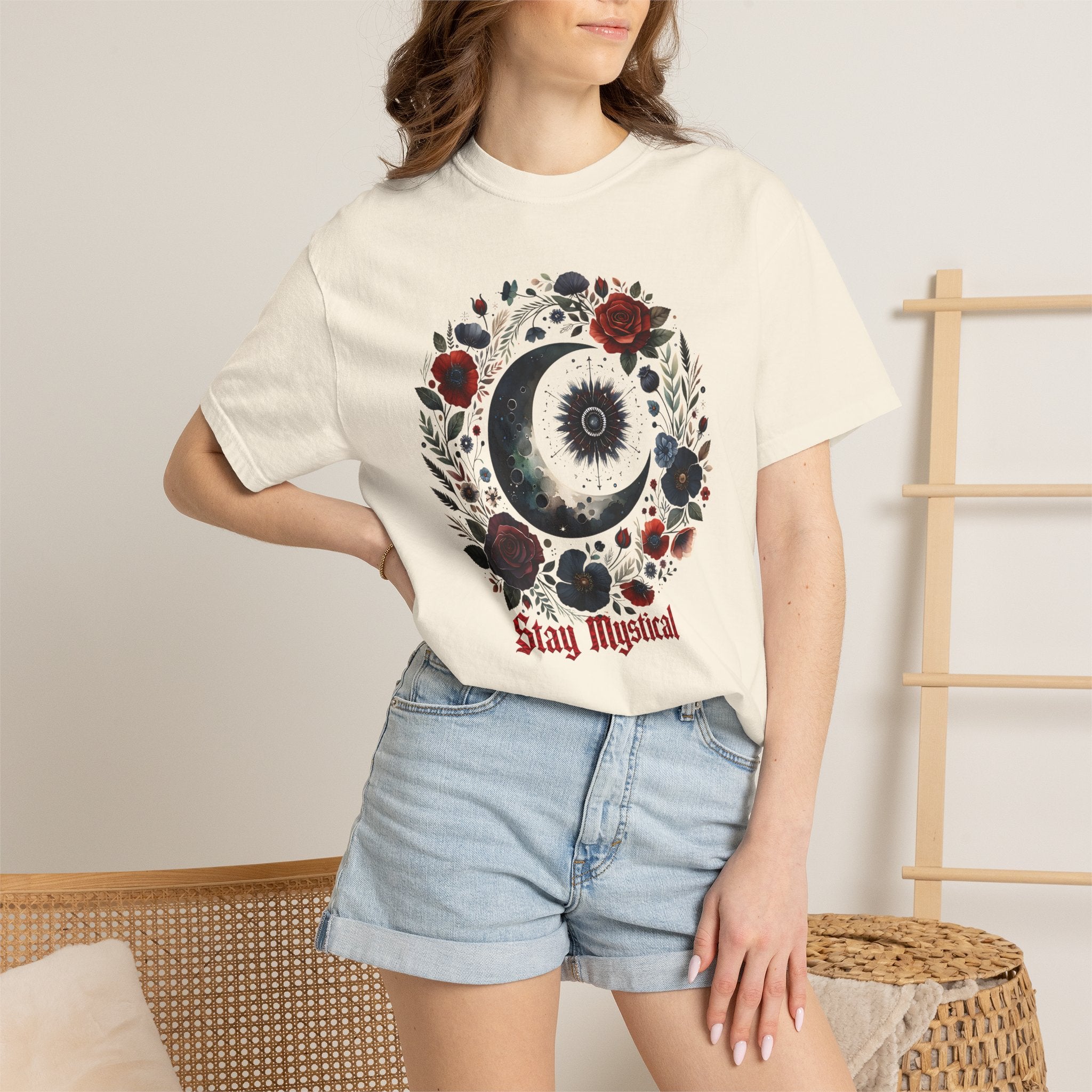 Mystical Moon T-Shirt — “Stay Mystical” Floral Crescent Tee - Dark Aesthetic T-Shirt - Midnight Eye, LLC
