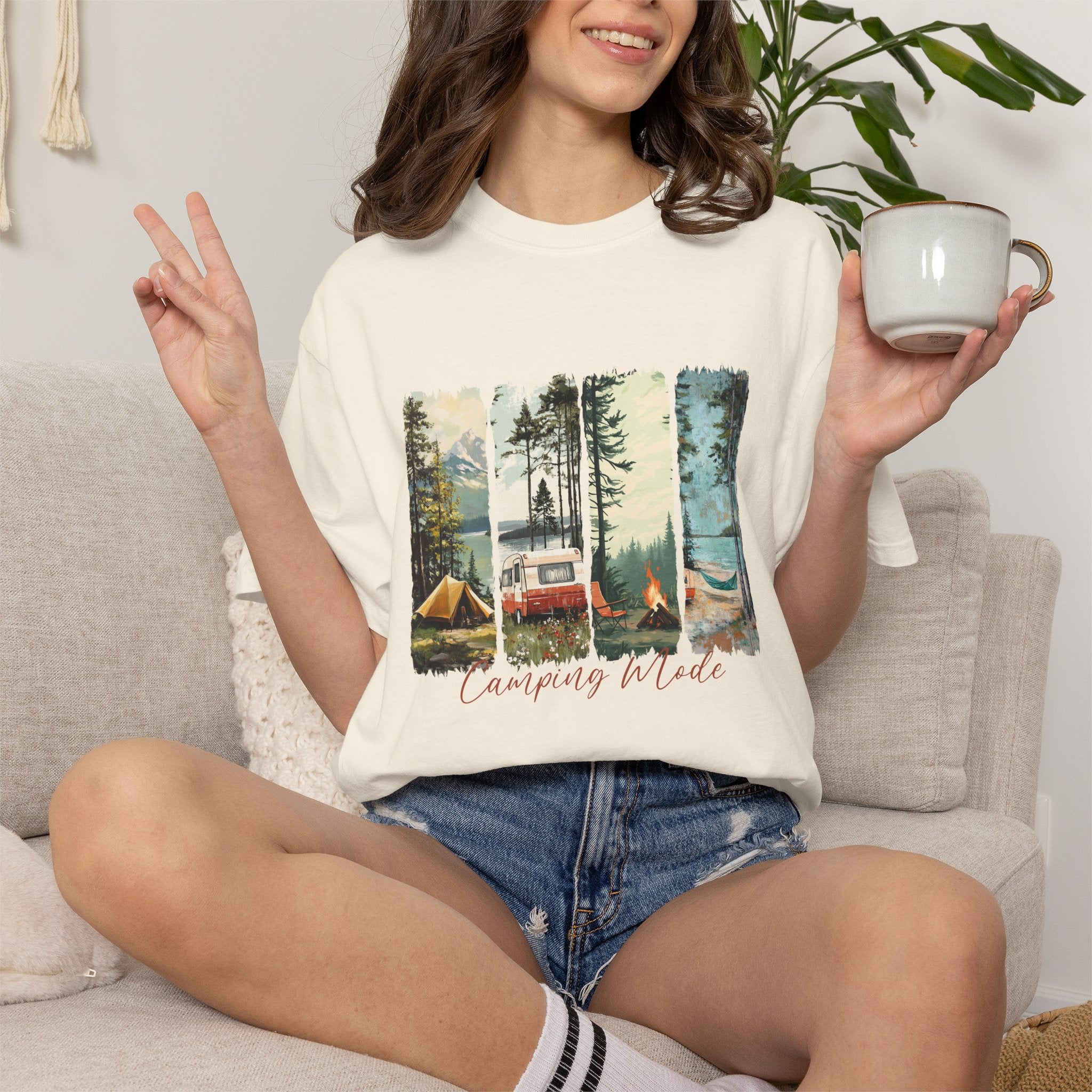 Camping Vibes T-Shirt — 'Camping Mode' Scenic Camper Retro Graphic Tee - Family Adventure Tee - Outdoor Tee - Midnight Eye, LLC
