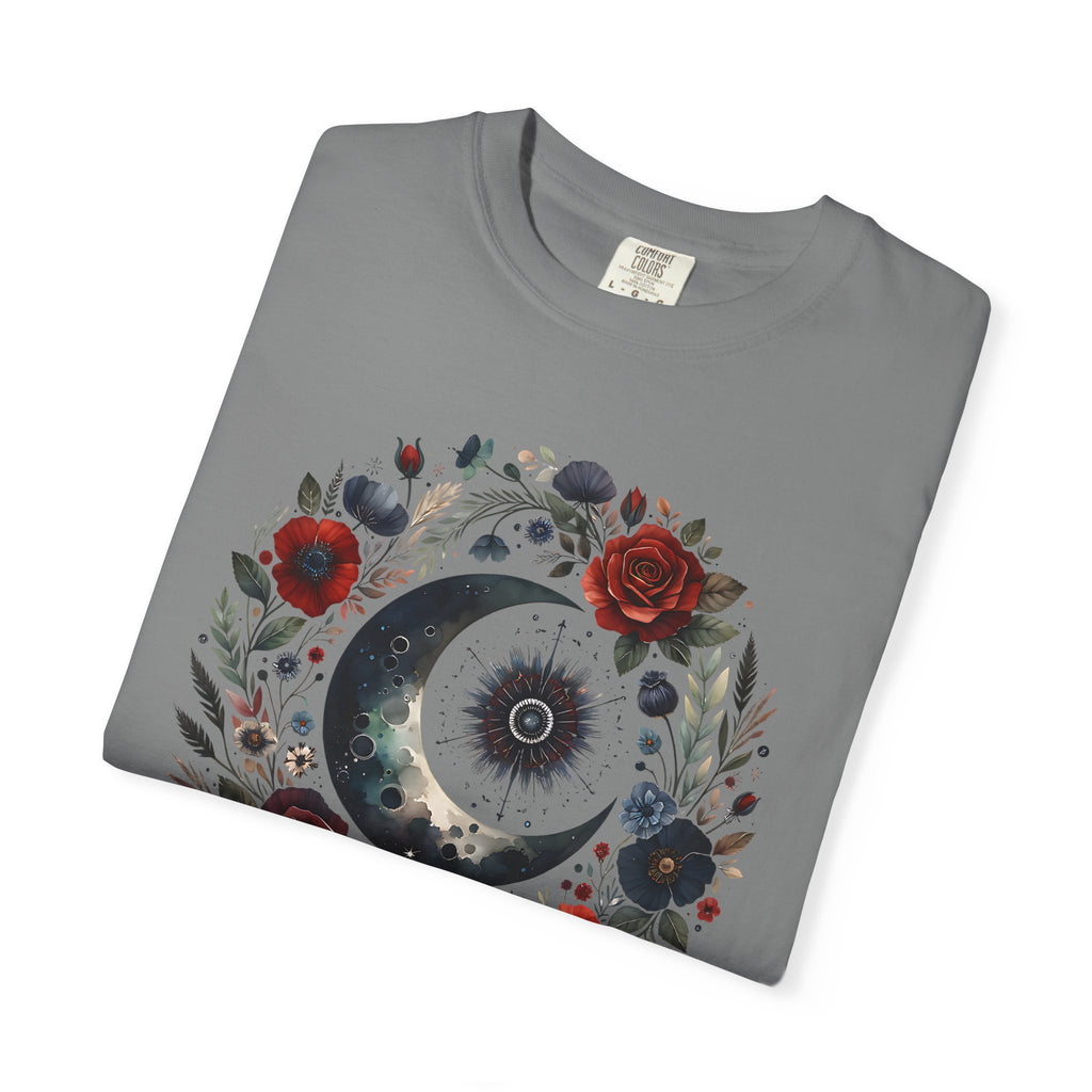 Mystical Moon T-Shirt — “Stay Mystical” Floral Crescent Tee - Dark Aesthetic T-Shirt. Midnight Eye, LLC.
