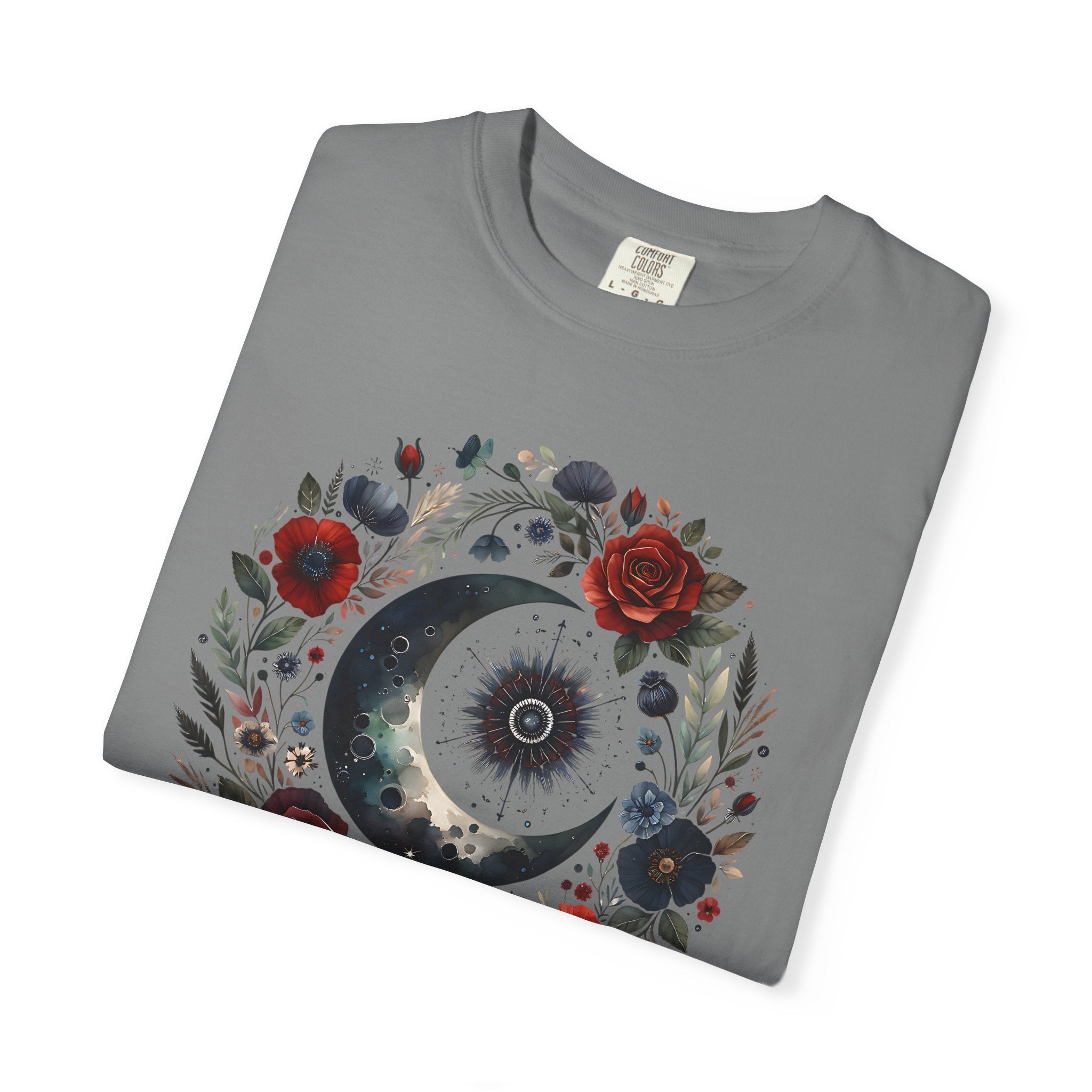 Mystical Moon T-Shirt — “Stay Mystical” Floral Crescent Tee - Dark Aesthetic T-Shirt. Midnight Eye, LLC.
