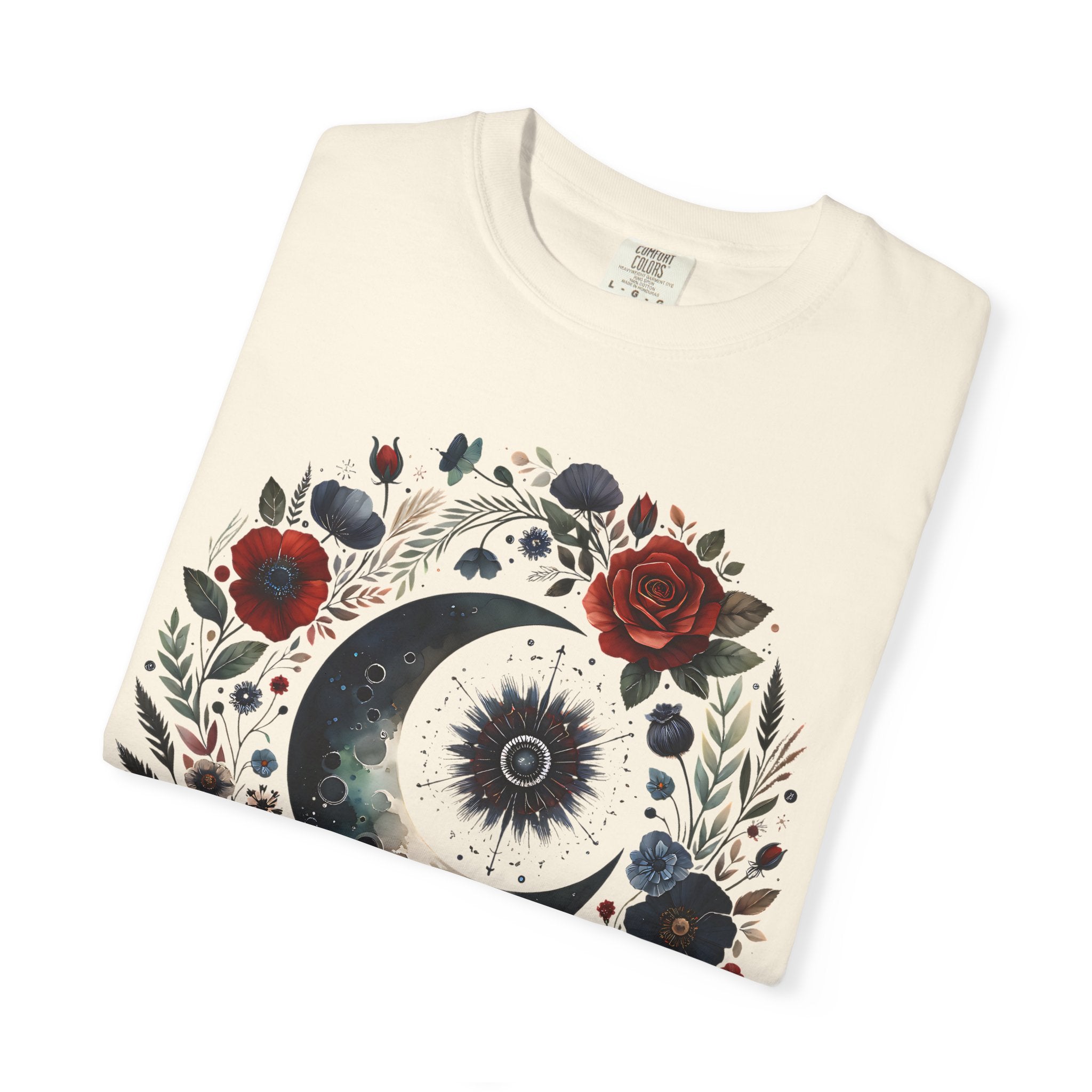 Mystical Moon T-Shirt — “Stay Mystical” Floral Crescent Tee - Dark Aesthetic T-Shirt, Mid Night Eye, LLC