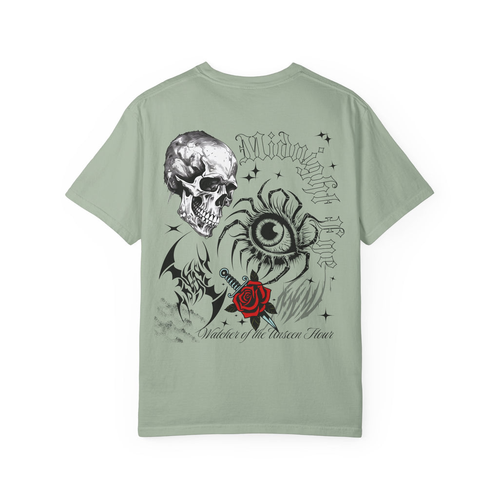 Graphic Skull & Red Rose Gothic T‑Shirt - Edgy Streetwear T-Shirt - Vintage Tee - Dark Aesthetic Tee - Midnight Eye, LLC