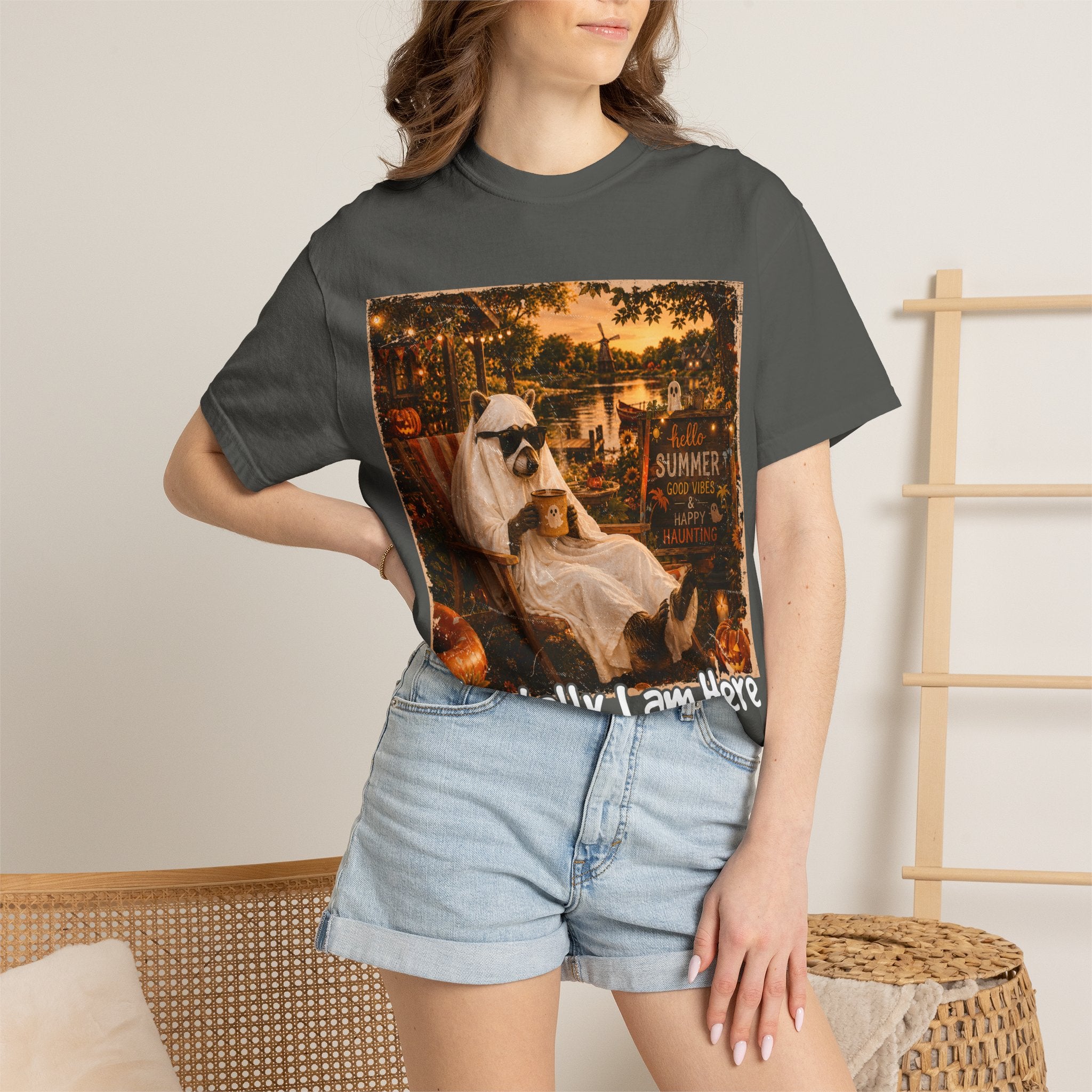 Mentally I Am Here Beach Racoon T-Shirt - Ghost Racoon Summerween Tee