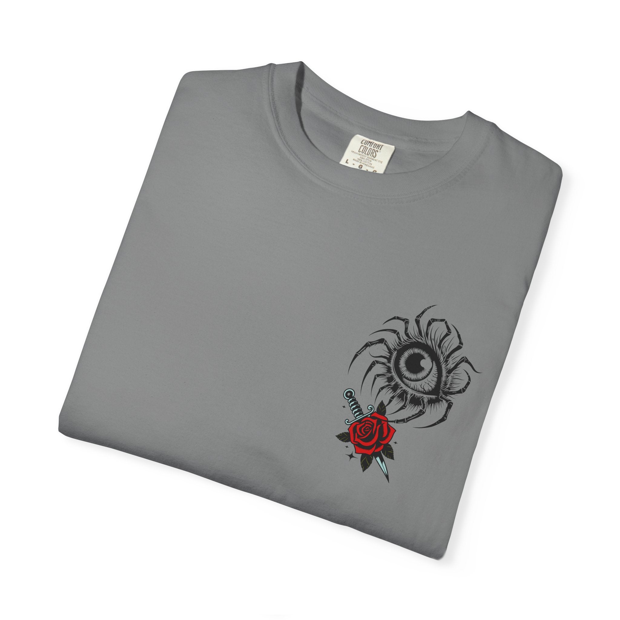 Graphic Skull & Red Rose Gothic T‑Shirt - Edgy Streetwear T-Shirt - Vintage Tee - Dark Aesthetic Tee - Midnight Eye, LLC
