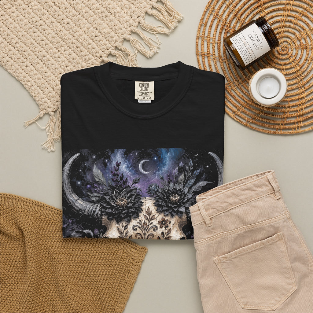 Roses Moon Skull Tee — Gothic Floral Bull Skull T-Shirt